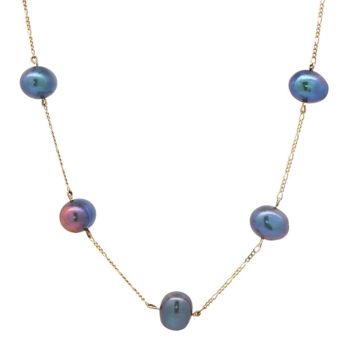 content/products/Estate Piece: Baroque Peacock Blue Pearl Station Necklace in Yellow Gold