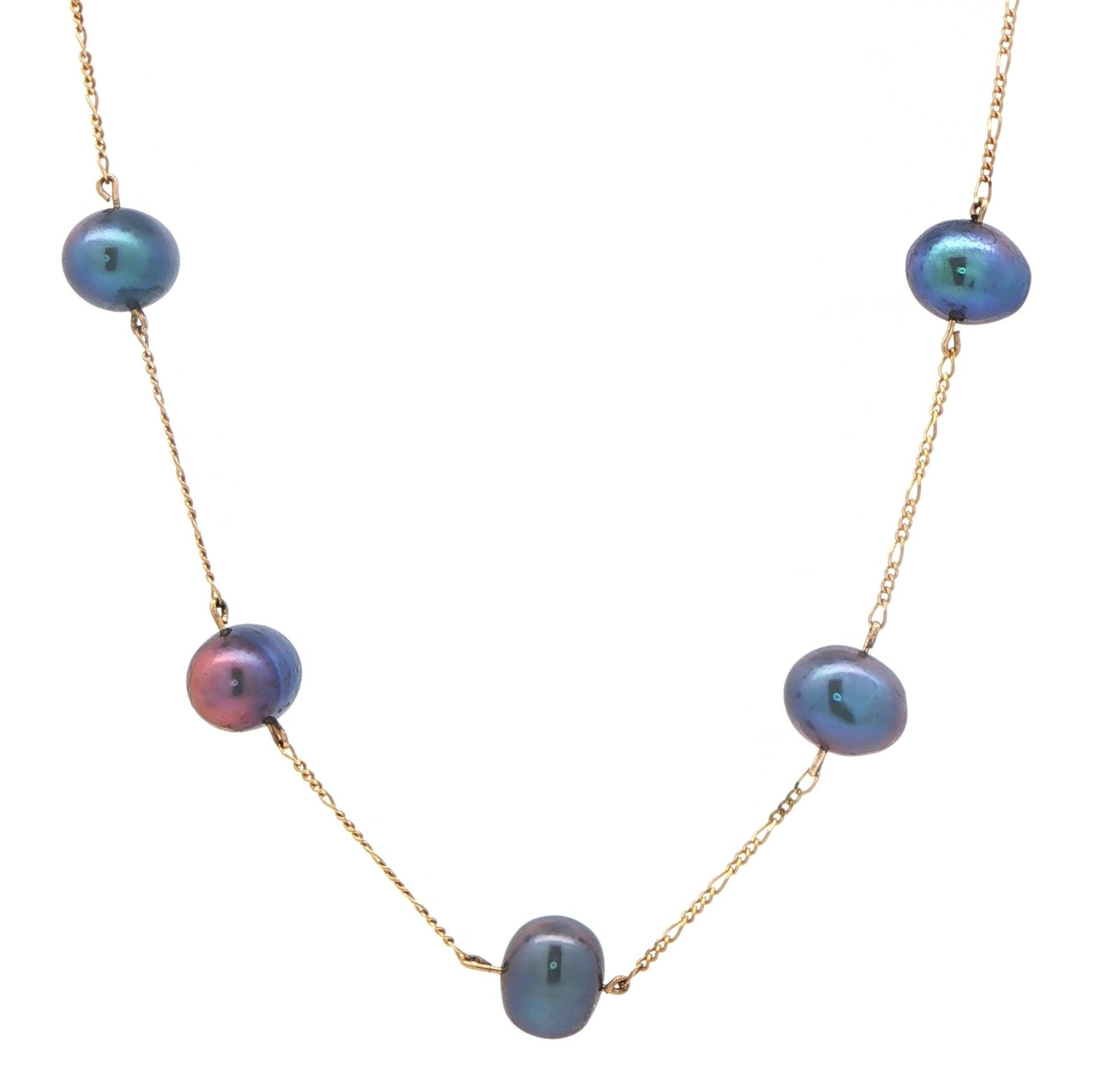 Estate Piece: Baroque Peacock Blue Pearl Station Necklace in Yellow Gold