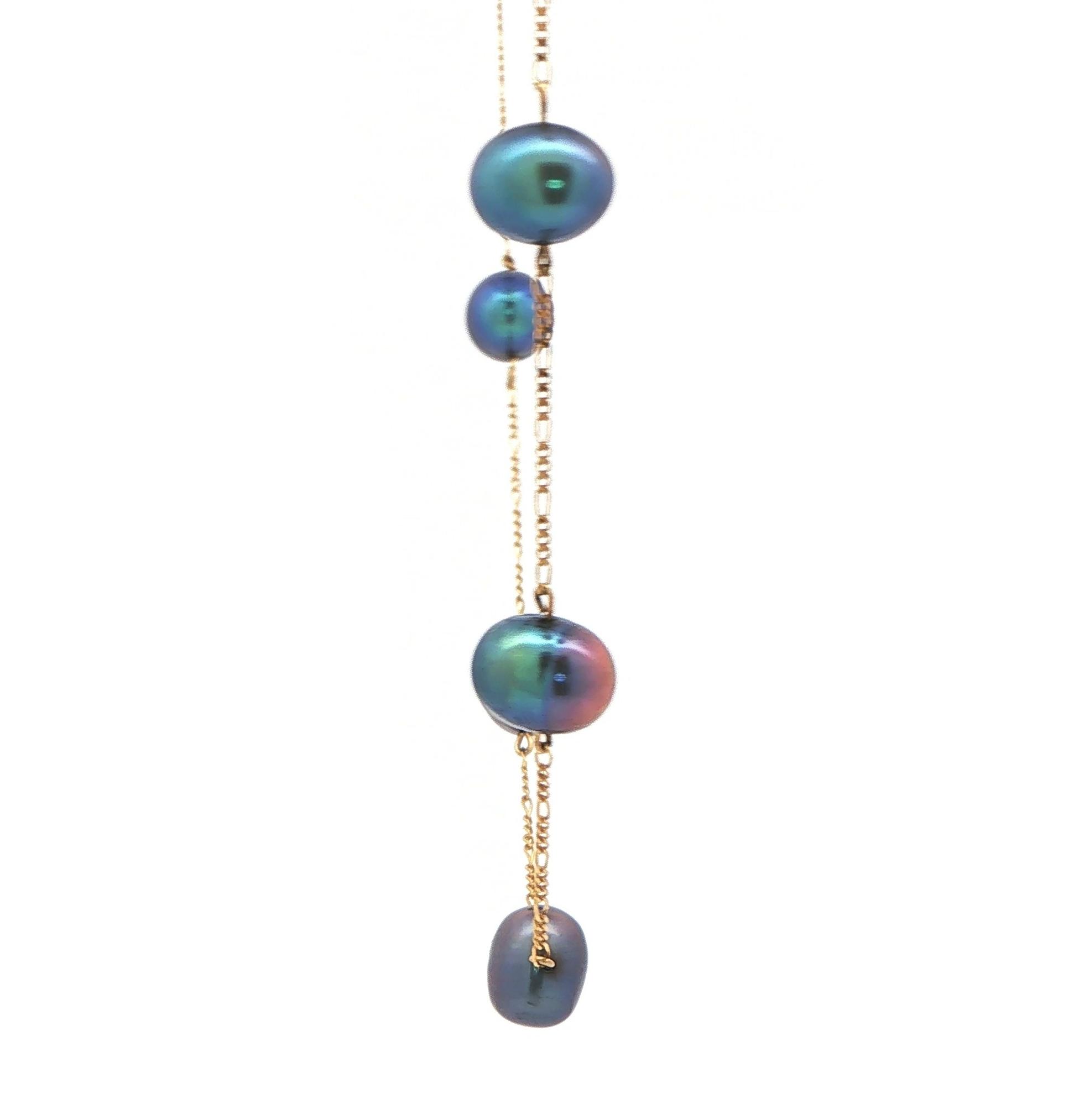 Estate Piece: Baroque Peacock Blue Pearl Station Necklace in Yellow Gold side