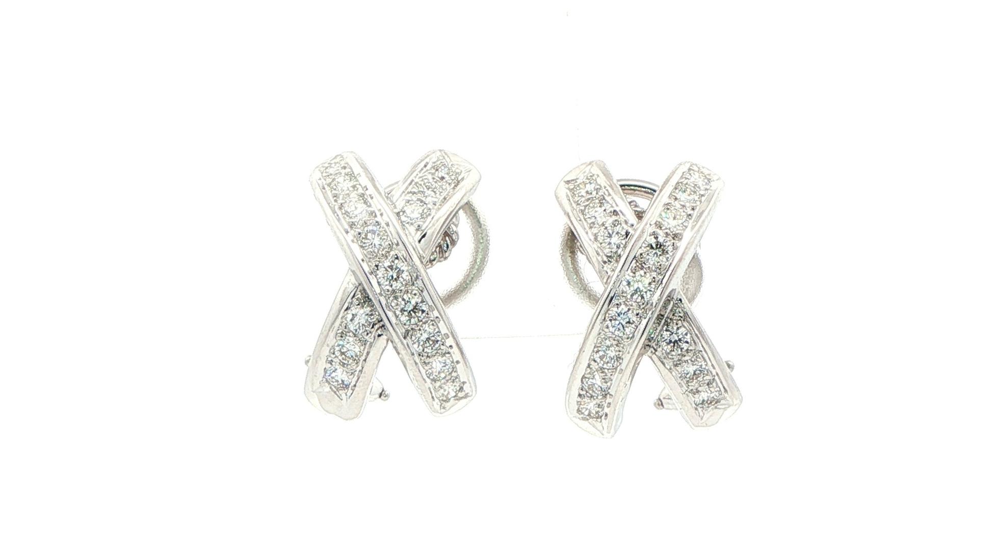 Estate Piece: Diamond Crossover 'X' Motif Earrings with Omega Clips in White Gold (1.00cts TWT)