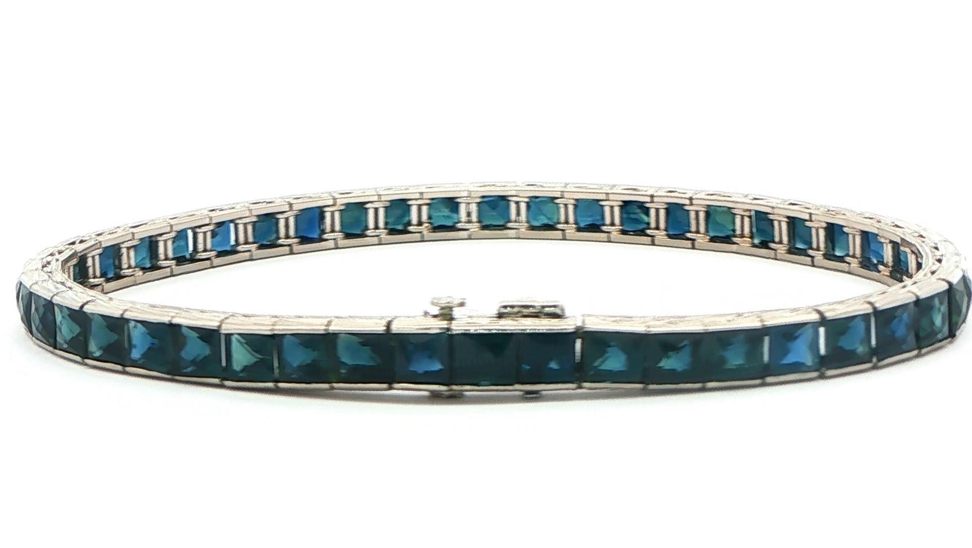 Estate Piece: Square-Cut Deep Blue Sapphire Tennis Bracelet with Engraved Details in Platinum (13.00cts TWT) back
