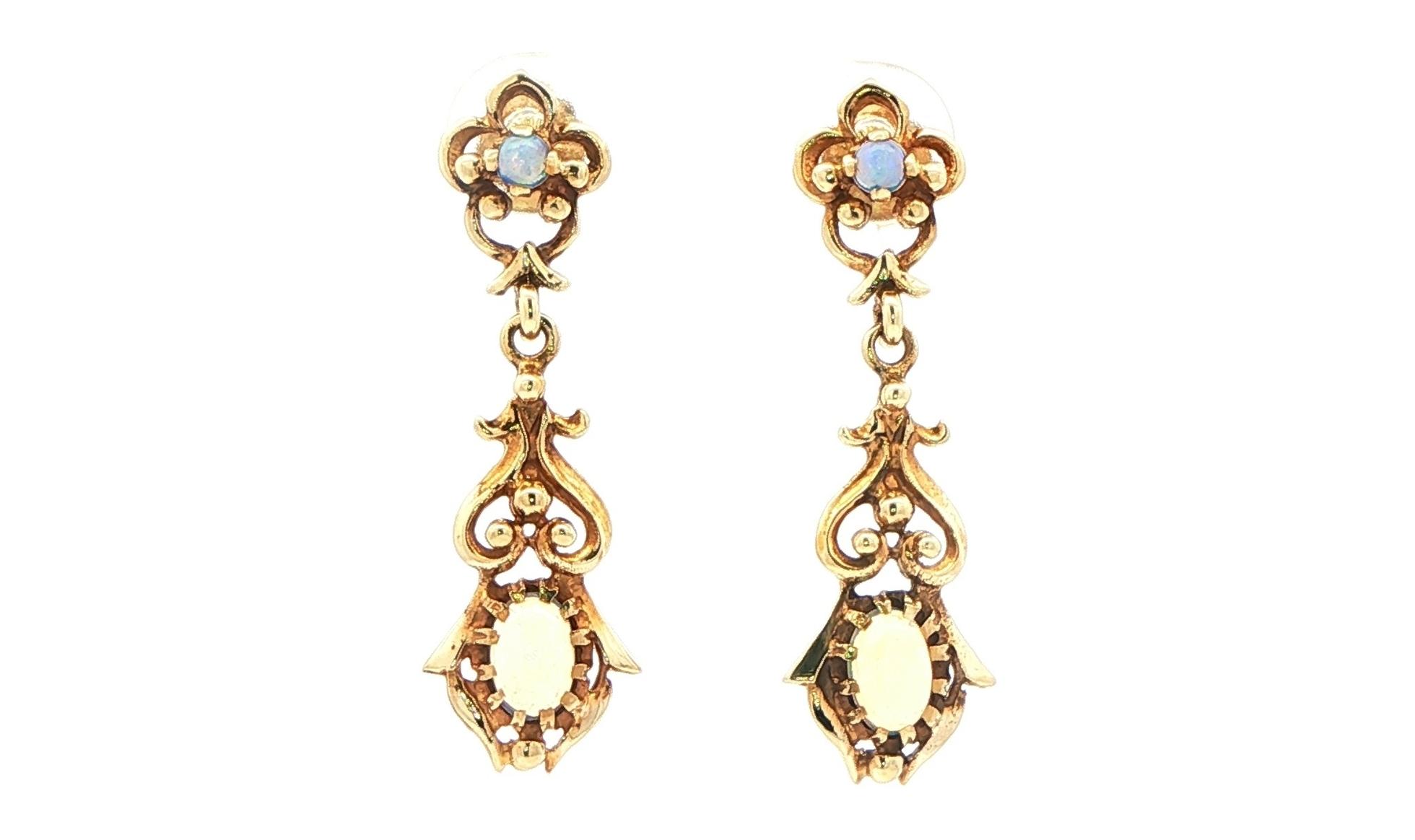 Estate Piece: Vintage Opal Filigree Drop Earrings in Yellow Gold