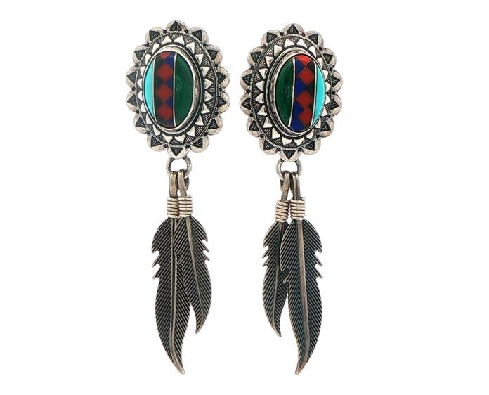 content/products/Estate Piece: Turquoise, Malachite, and Coral Inlay Feather Drop Earrings in Sterling Silver 