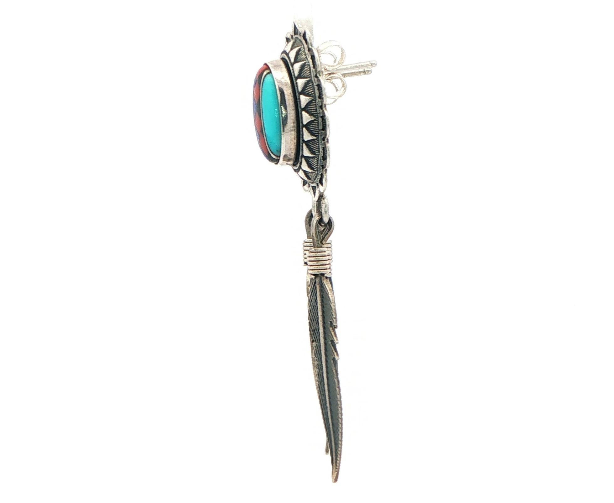 Estate Piece: Turquoise, Malachite, and Coral Inlay Feather Drop Earrings in Sterling Silver  side