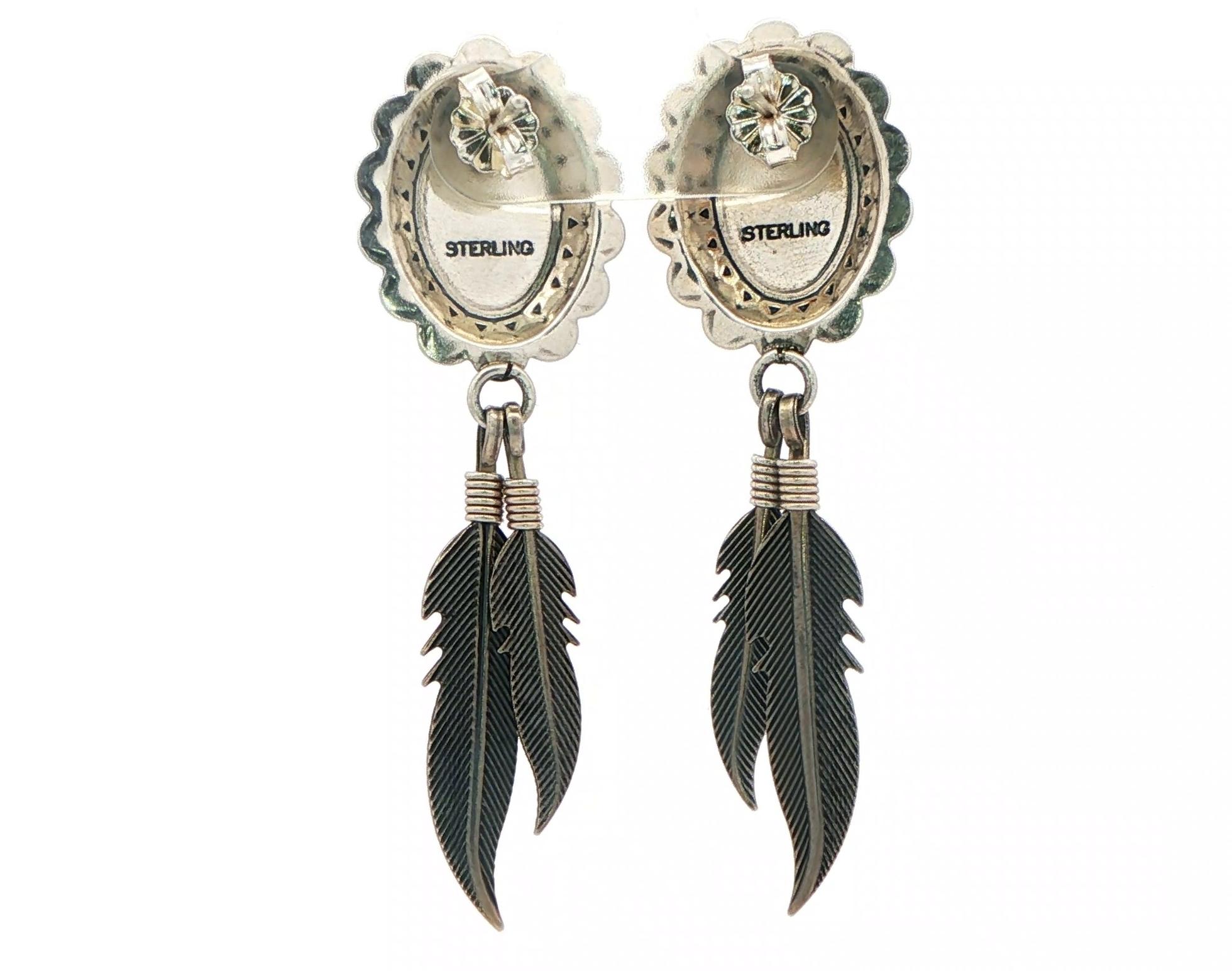 Estate Piece: Turquoise, Malachite, and Coral Inlay Feather Drop Earrings in Sterling Silver  back