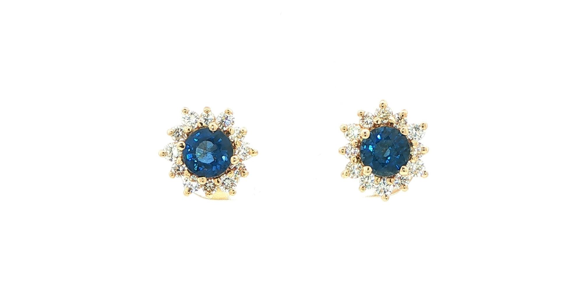 Estate Piece: Halo-style Sapphire and Diamond Cluster Stud Earrings in Yellow Gold (1.50cts TWT)
