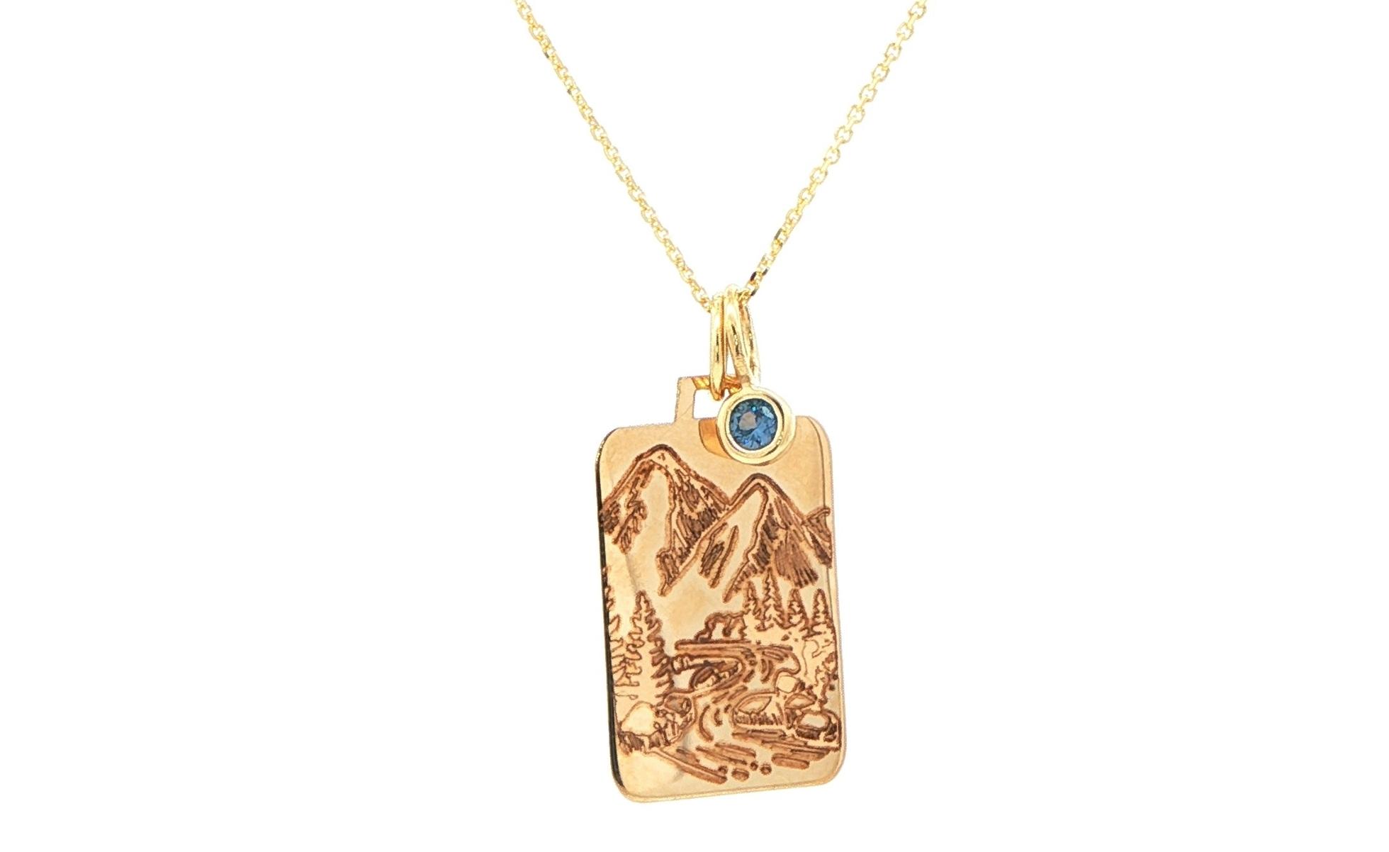 Mountain Engraved Tag Necklace with Montana Yogo Sapphire Charm in Yellow Gold (0.08ct)