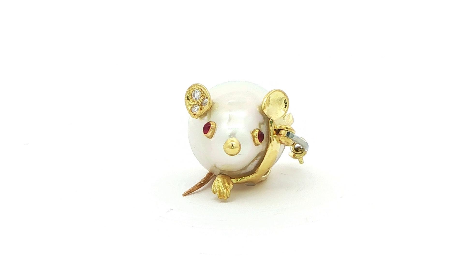 Estate Piece: Baroque Pearl and Ruby Mouse Brooch with Diamond Accents in Yellow Gold (0.05cts TWT) front