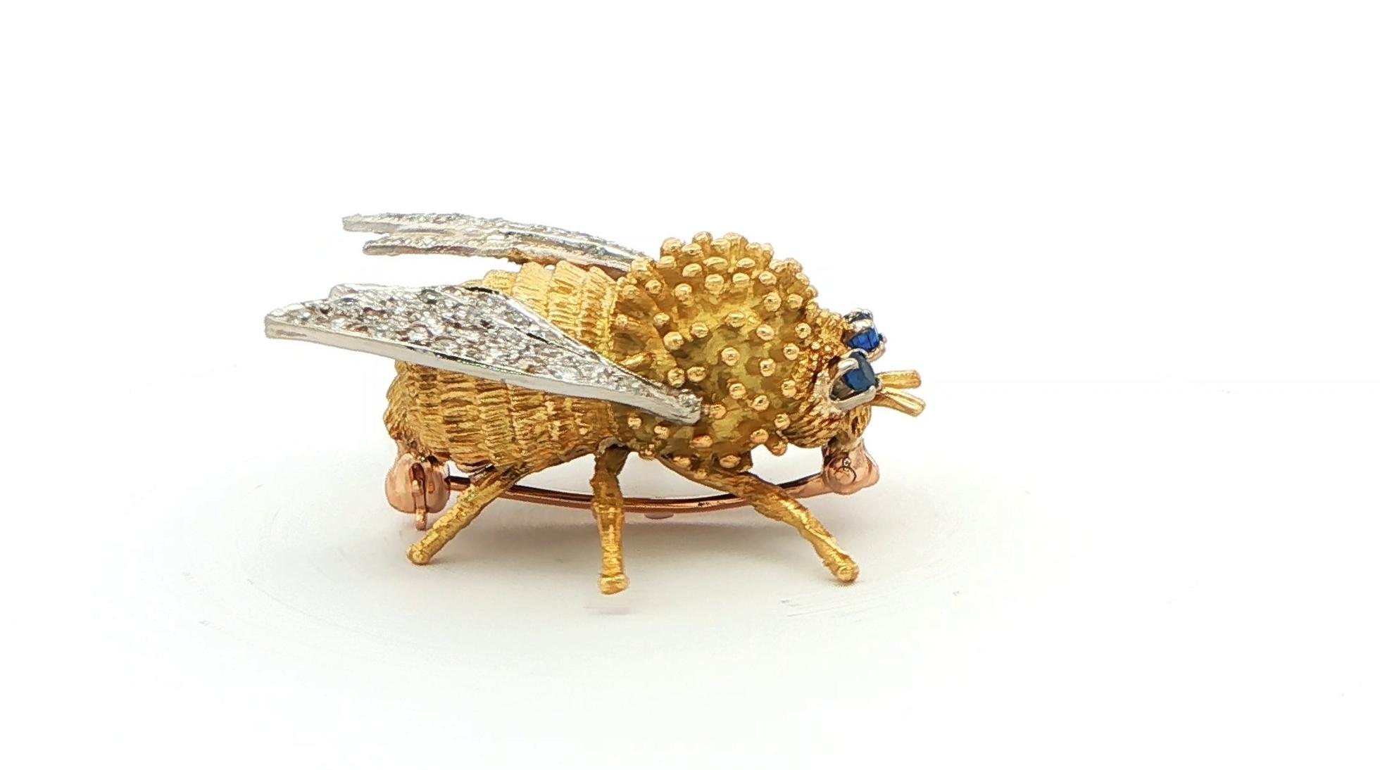 Estate Piece: Textured Gold Honeybee Brooch with Diamond Wings and Sapphire Eyes in Tow-tone Yellow and White Gold