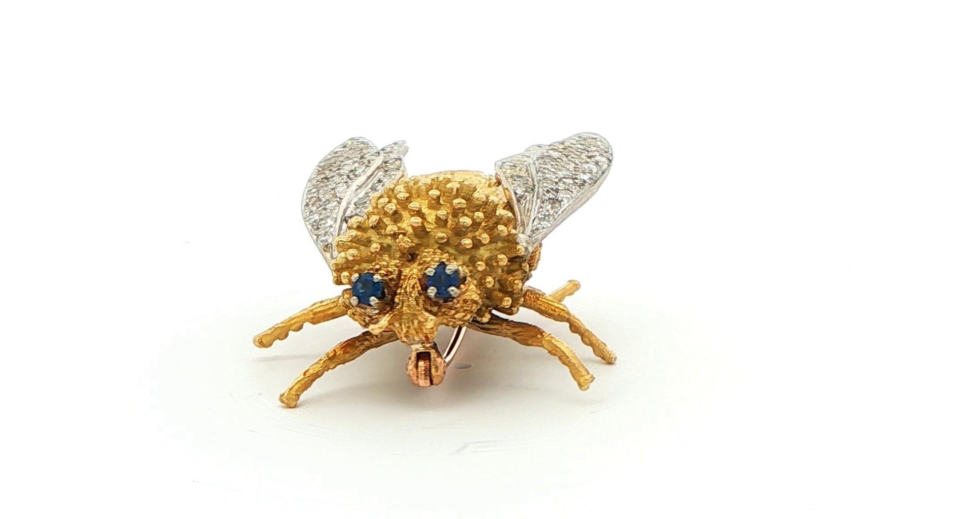Estate Piece: Textured Gold Honeybee Brooch with Diamond Wings and Sapphire Eyes in Tow-tone Yellow and White Gold front
