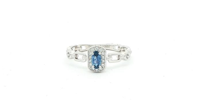 content/products/Rectangular-Halo Oval-cut Montana Yogo Sapphire and Diamond Ring with Chain Link Detail in White Gold (0.32cts TWT)