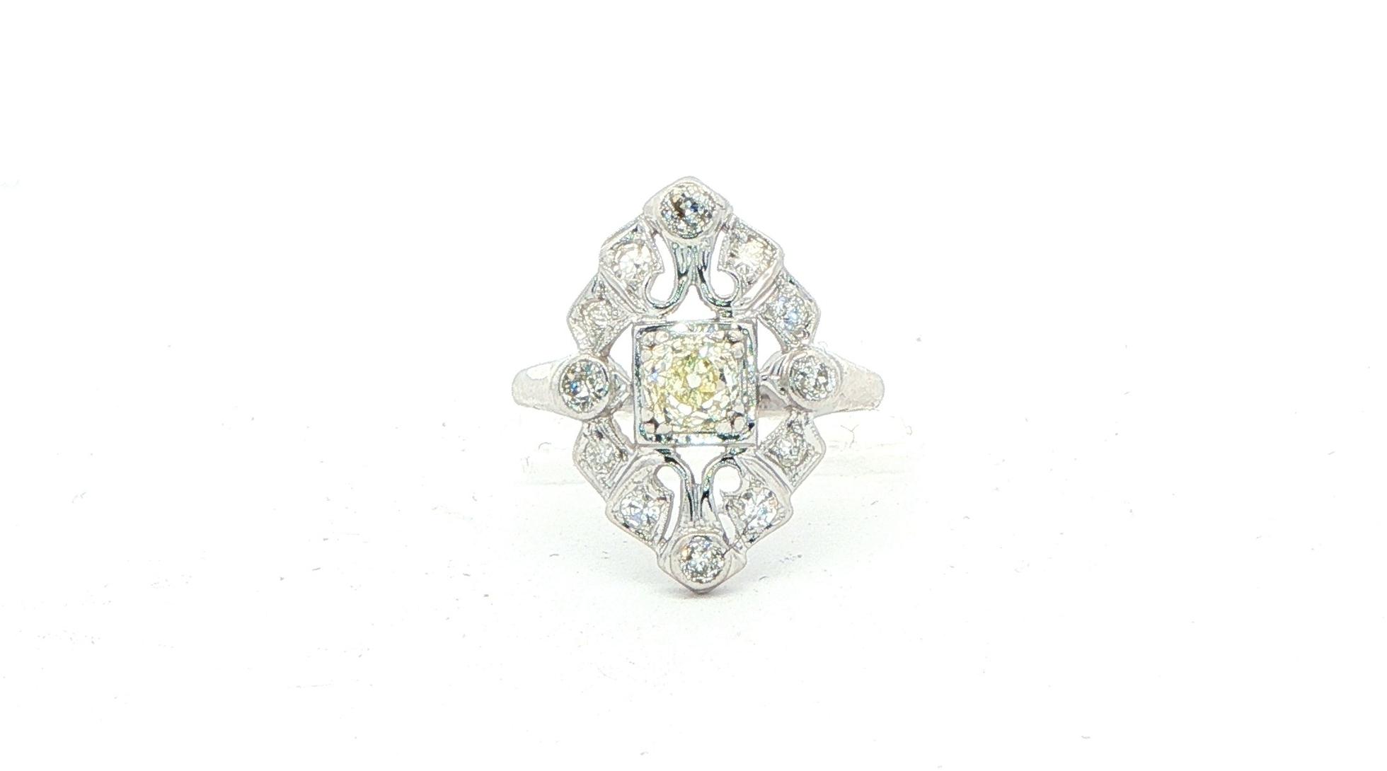 Estate Piece: Old Mine-cut Diamond Art Deco Shield Ring in White Gold (0.58cts TWT)