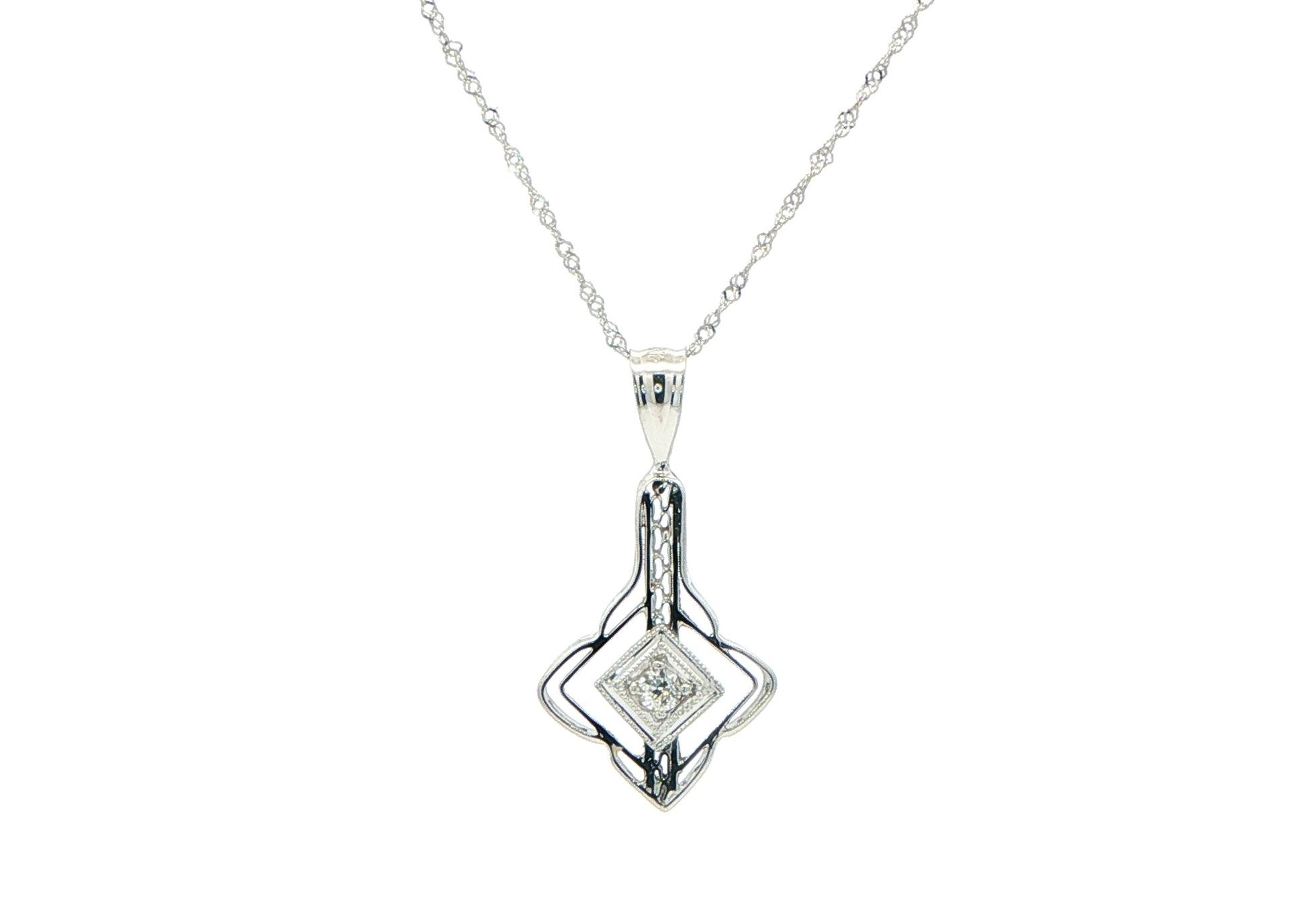 Estate Piece: Filigree Diamond Geometric Pendant Necklace in White Gold (0.05cts)