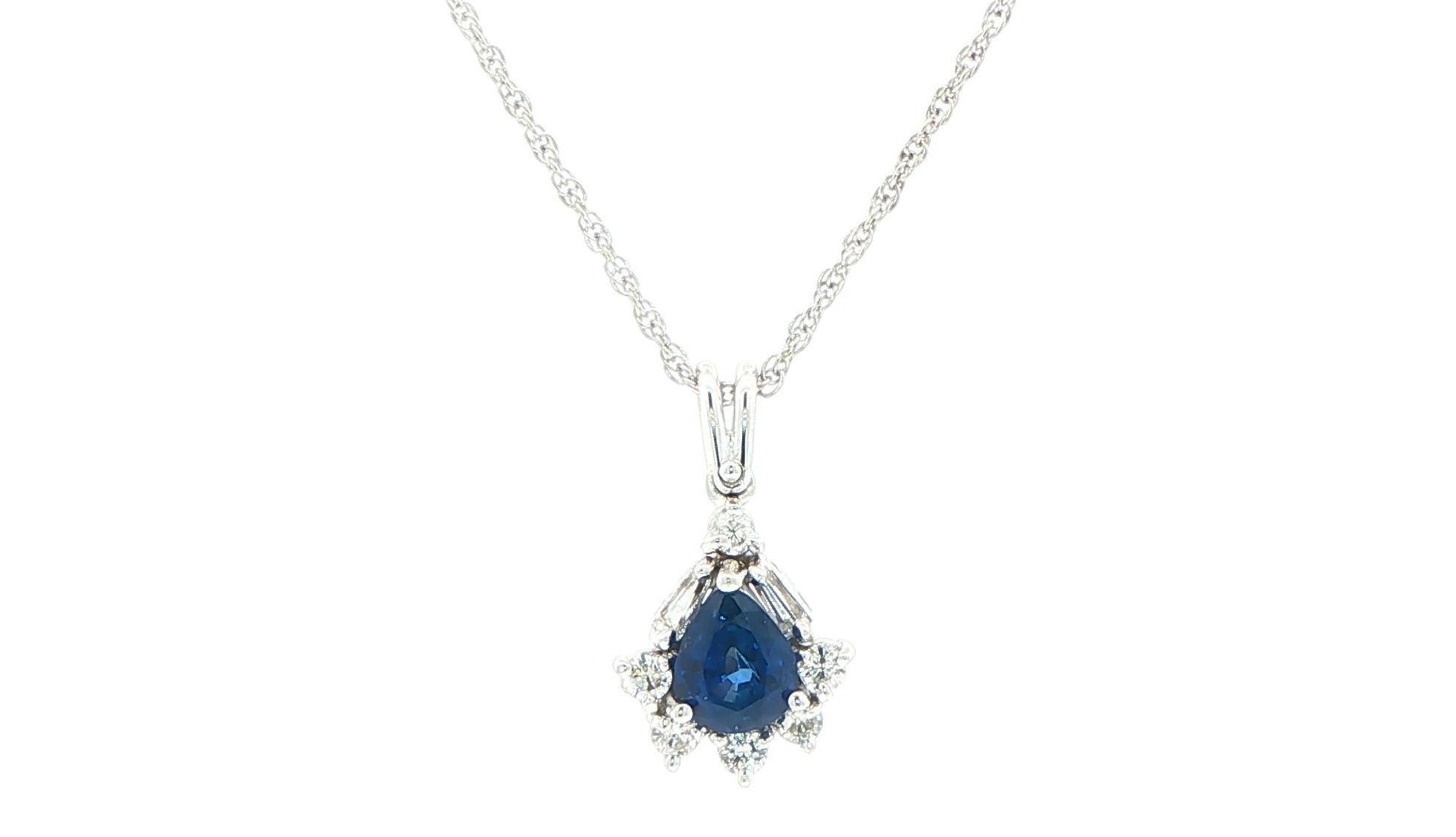 Estate Piece: Pear-Cut Sapphire and Diamond Sunburst Pendant Necklace in White Gold (0.73cts TWT)