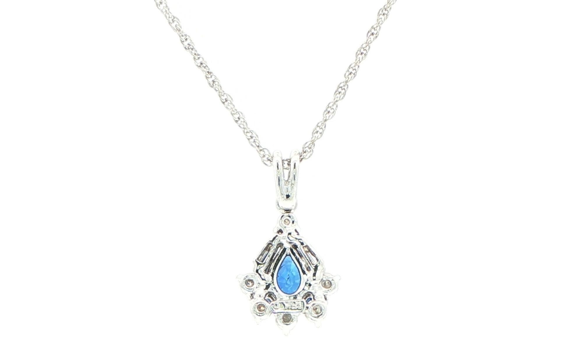 Estate Piece: Pear-Cut Sapphire and Diamond Sunburst Pendant Necklace in White Gold (0.73cts TWT) back