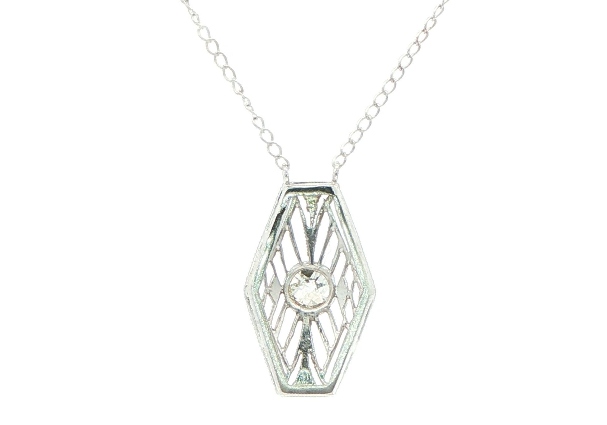Estate Piece: Vintage Art Deco Geometric Filigree Diamond Pendant Necklace in White Gold (0.15cts) back