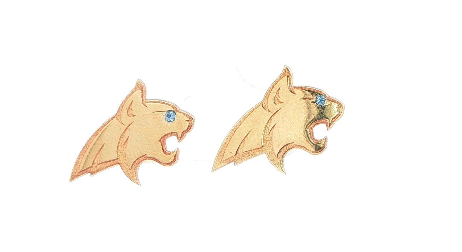 Official Bobcat Logo Stud Earrings with Montana Yogo Sapphire Eyes in Yellow Gold (0.02cts TWT)