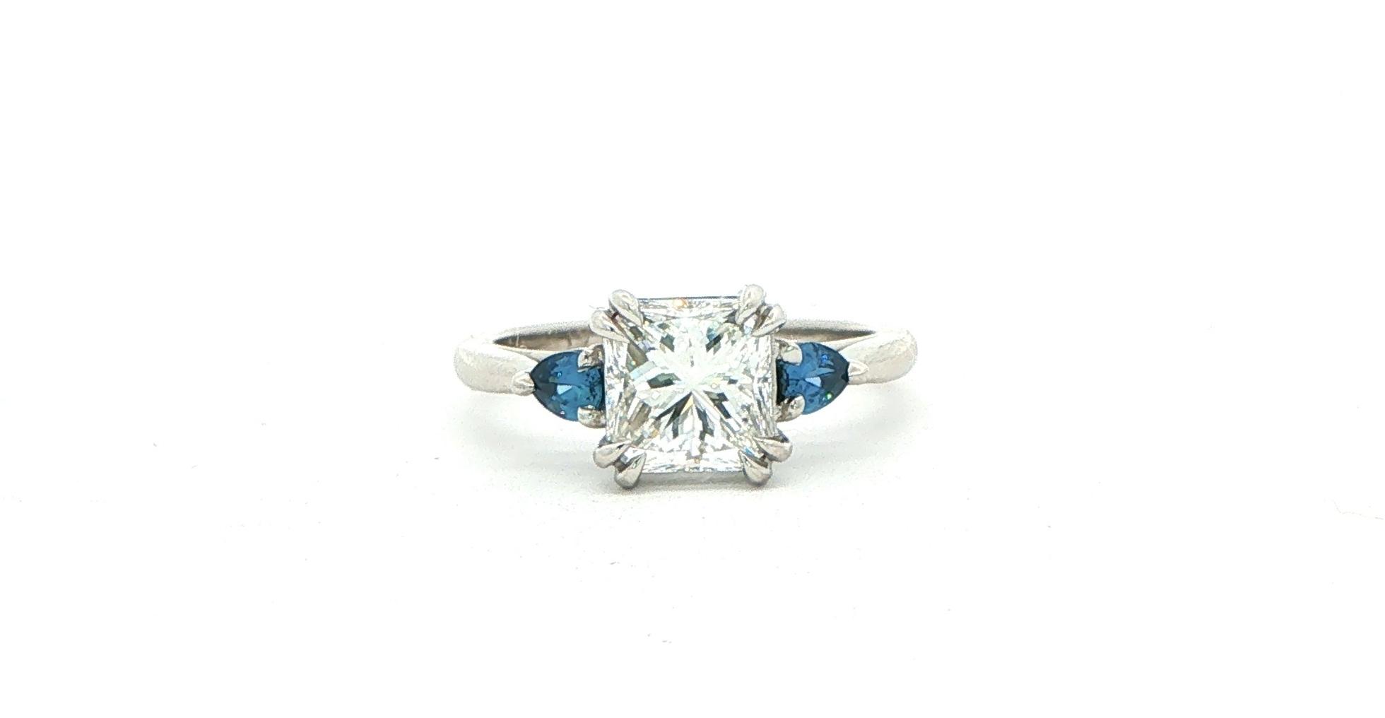 Radiant Cut Diamond and Pear Montana Yogo Sapphire Three-Stone Engagement Ring in Platinum (2.33cts TWT)