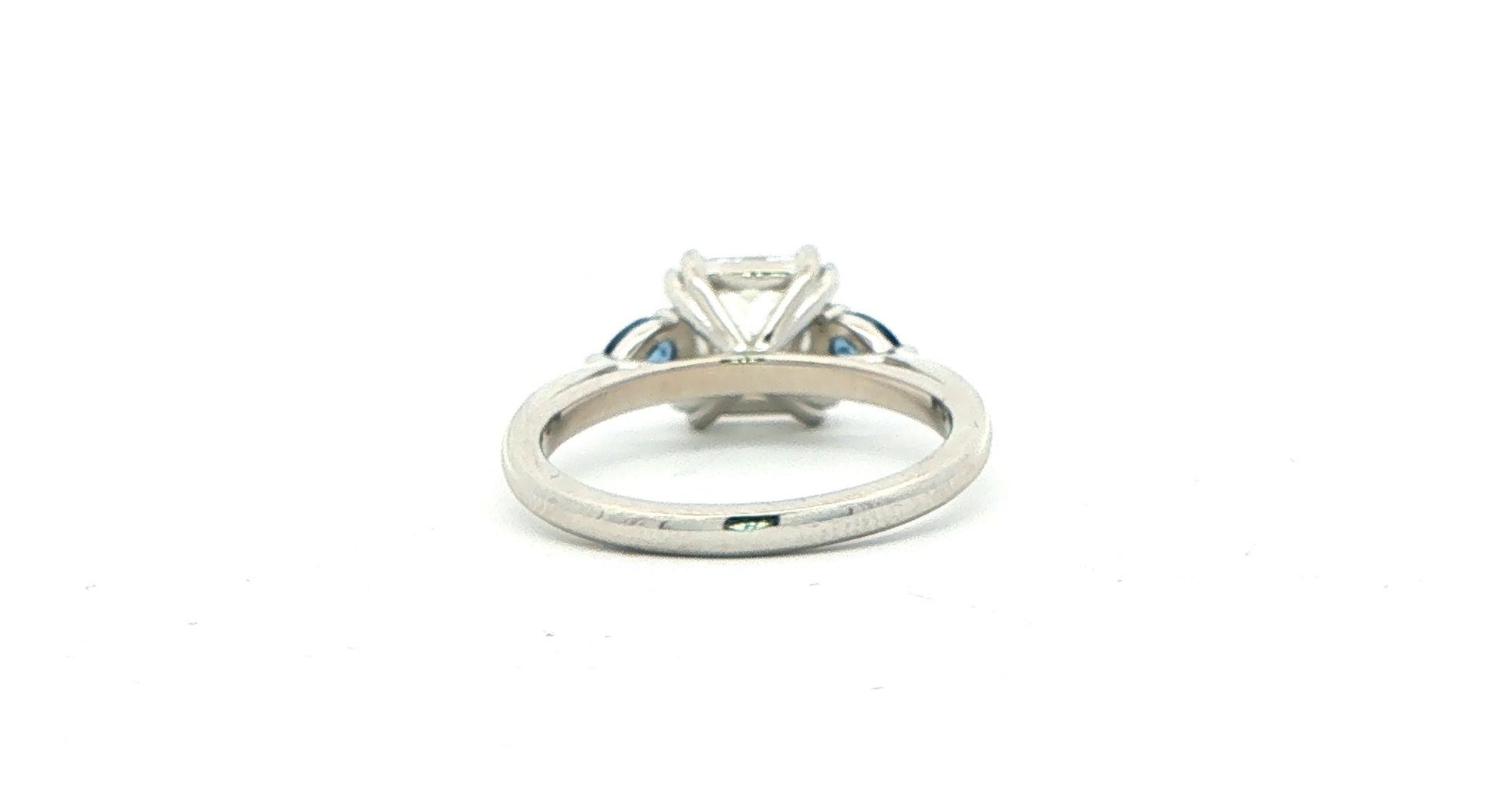 Radiant Cut Diamond and Pear Montana Yogo Sapphire Three-Stone Engagement Ring in Platinum (2.33cts TWT) back