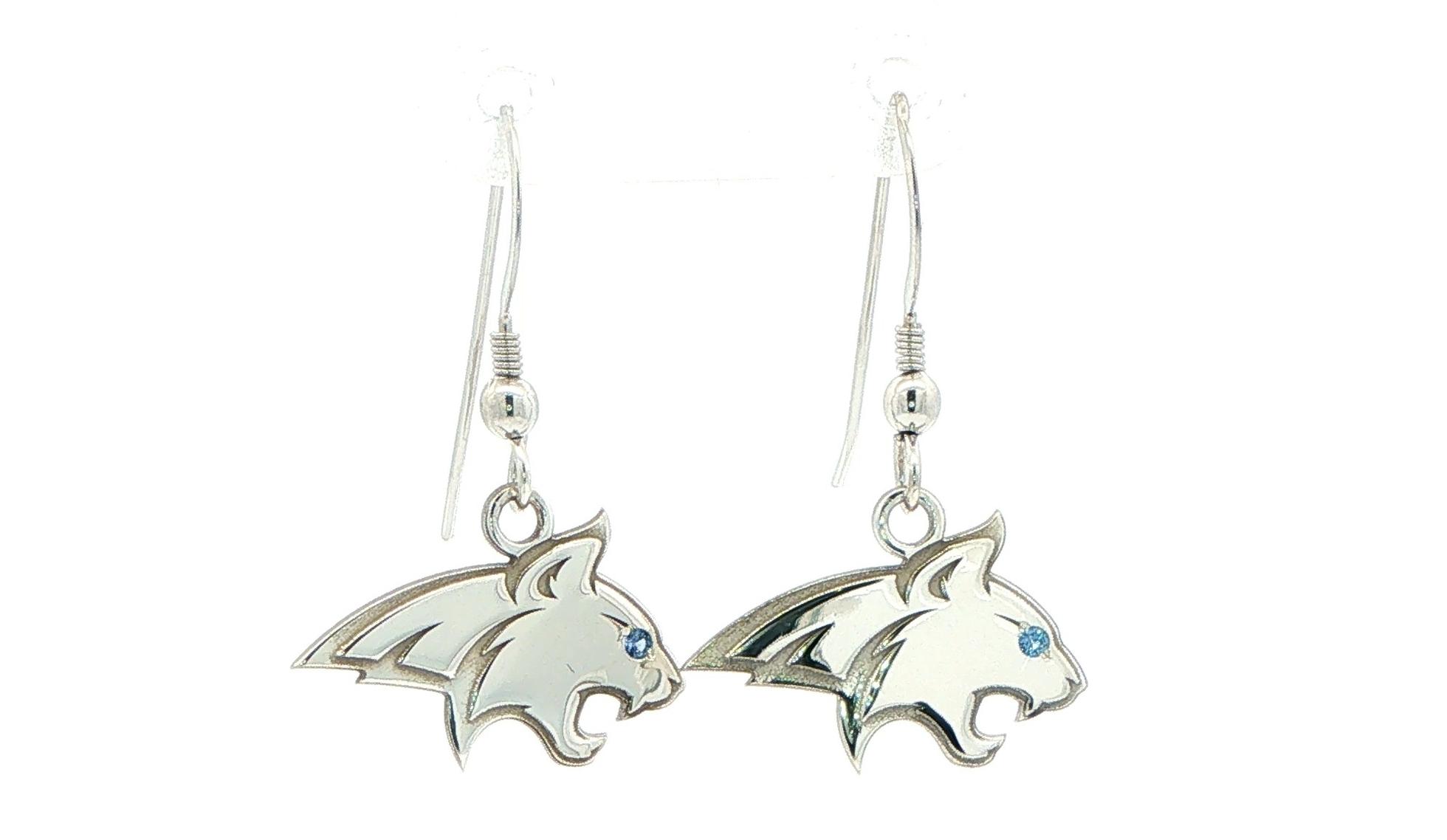 Official Bobcat Mascot Dangle Earrings with Montana Yogo Sapphire Eyes in Sterling Silver