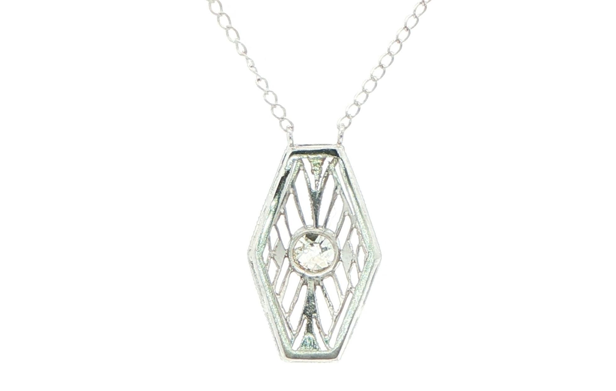Estate Piece: Vintage Art Deco Geometric Filigree Diamond Pendant Necklace in White Gold (0.15cts) back