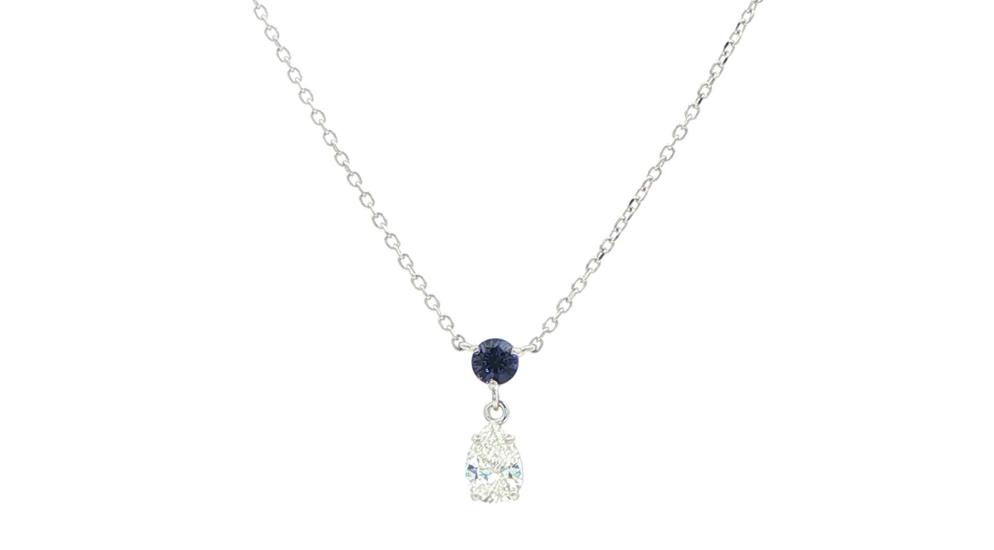 2-Stone Huckleberry Sapphire and Pear-Cut Diamond Drop Pendant in White Gold (0.62cts TWT)