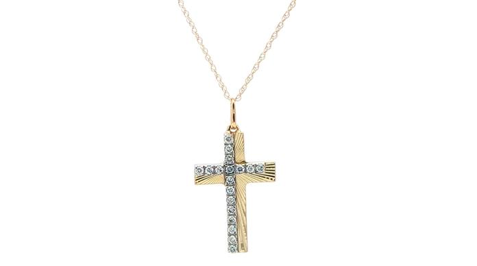 content/products/Diamond Cross Pendant Necklace with Textured Sunrays in Yellow Gold (0.20cts TWT)
