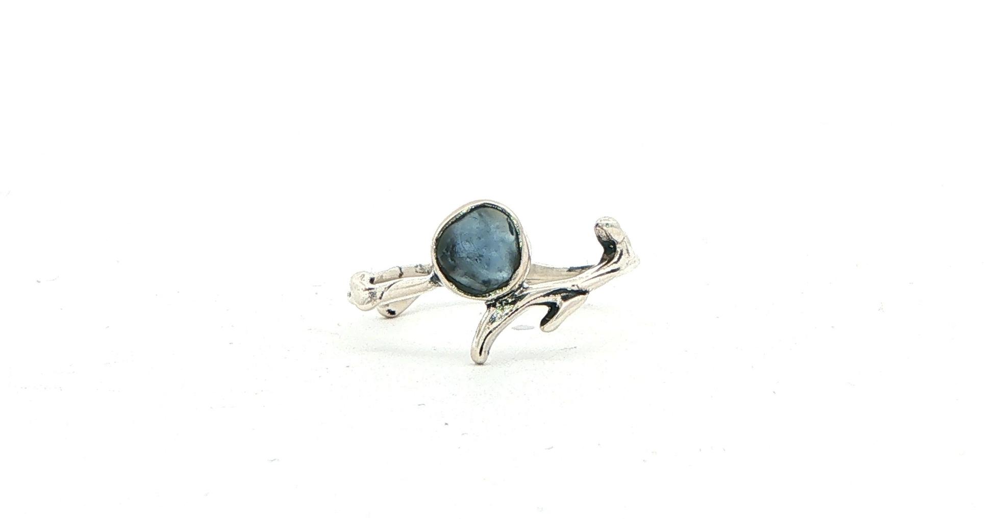 Dark Blue Raw Un-cut Montana Sapphire Twig Solitaire Ring in Sterling Silver
