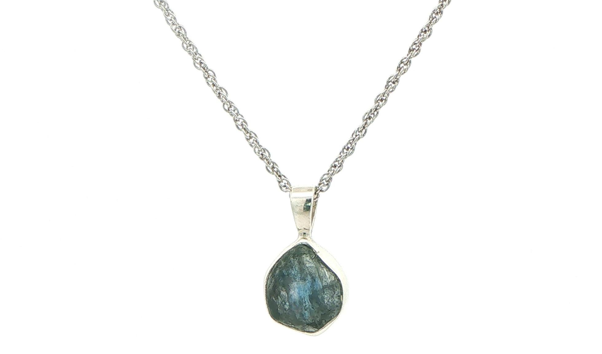 Bezel-set Large Raw Un-cut Montana Sapphire Pendant on Rope Chain in Sterling Silver
