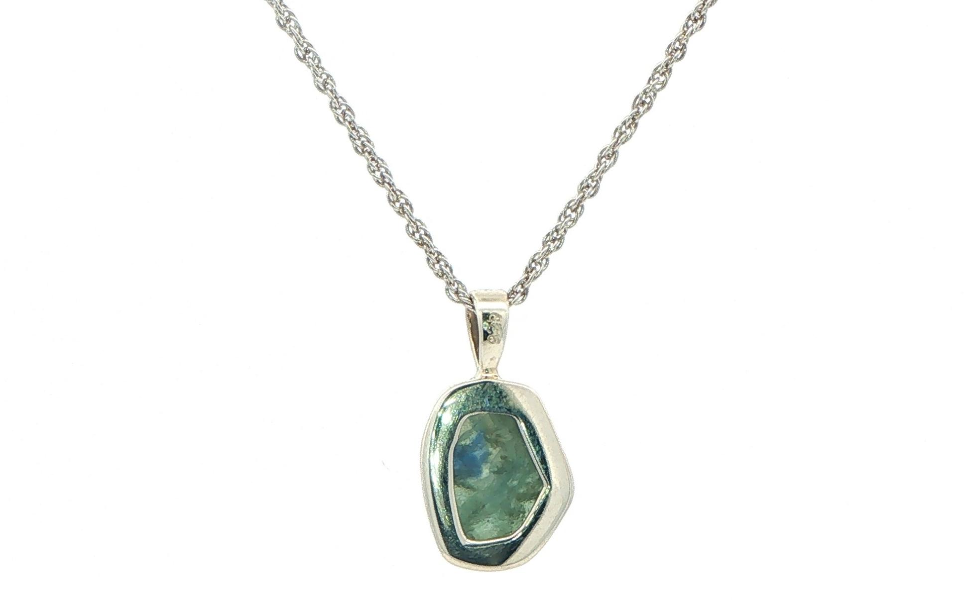 Bezel-set Large Raw Un-cut Montana Sapphire Pendant on Rope Chain in Sterling Silver back