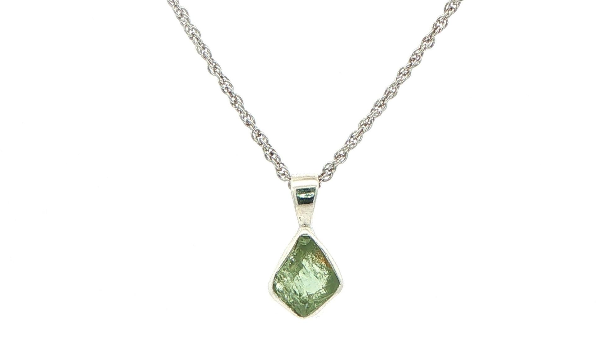 Bezel-set Small Raw Un-cut Montana Sapphire Pendant on Rope Chain in Sterling Silver