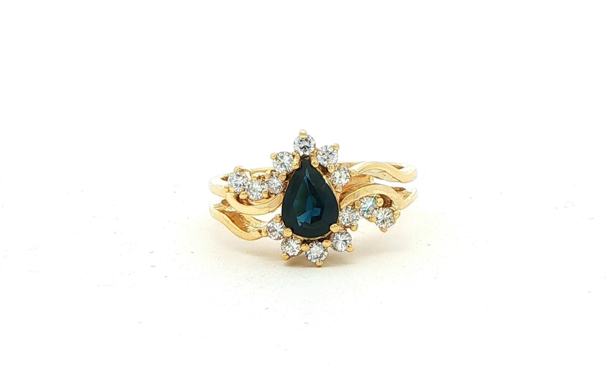 Estate Piece: Pear Sapphire and Diamond Halo Bypass Ring Yellow Gold (1.25cts TWT)