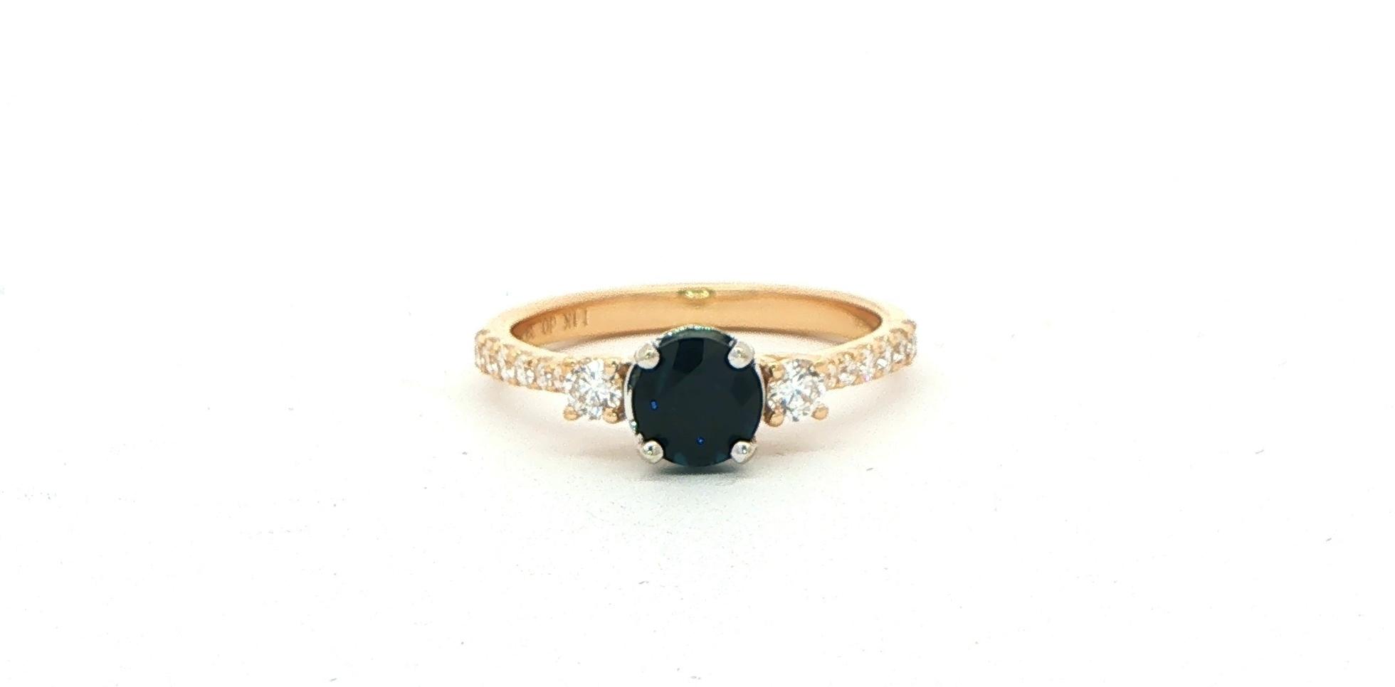 Estate Piece: Three-Stone Deep Blue Sapphire and Diamond Ring in Yellow Gold (1.15cts TWT)