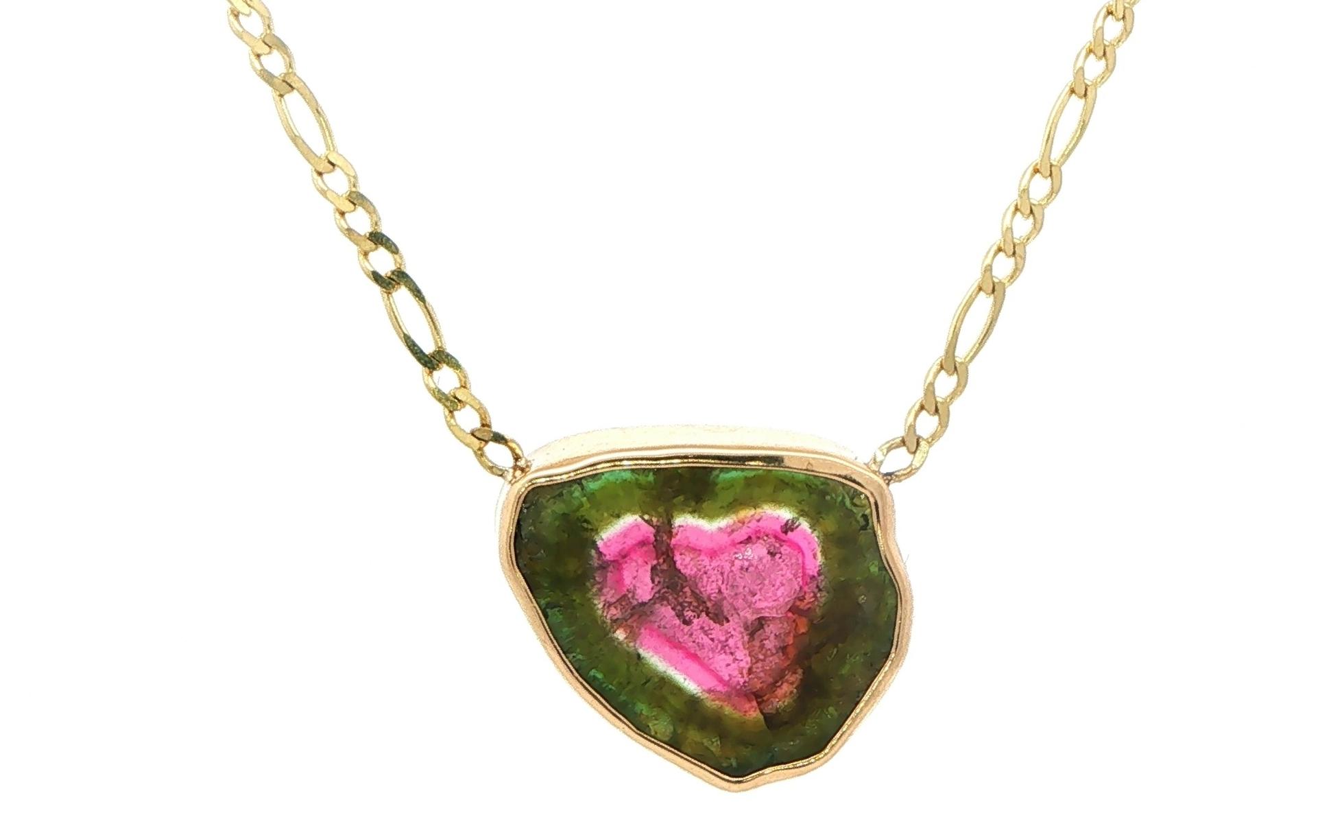Bezel-set Watermelon Tourmaline Slice Necklace in Yellow Gold (10.48cts)