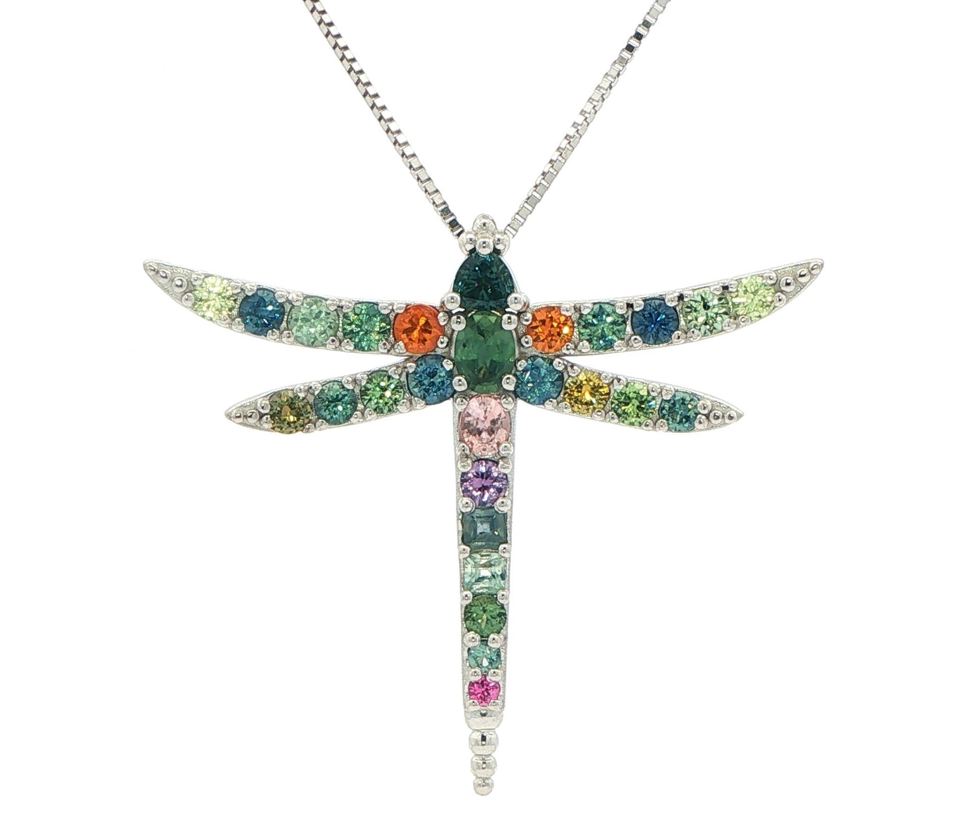 Multi-Color Montana Sapphire Dragonfly Pendant Necklace in White Gold (3.00cts TWT)