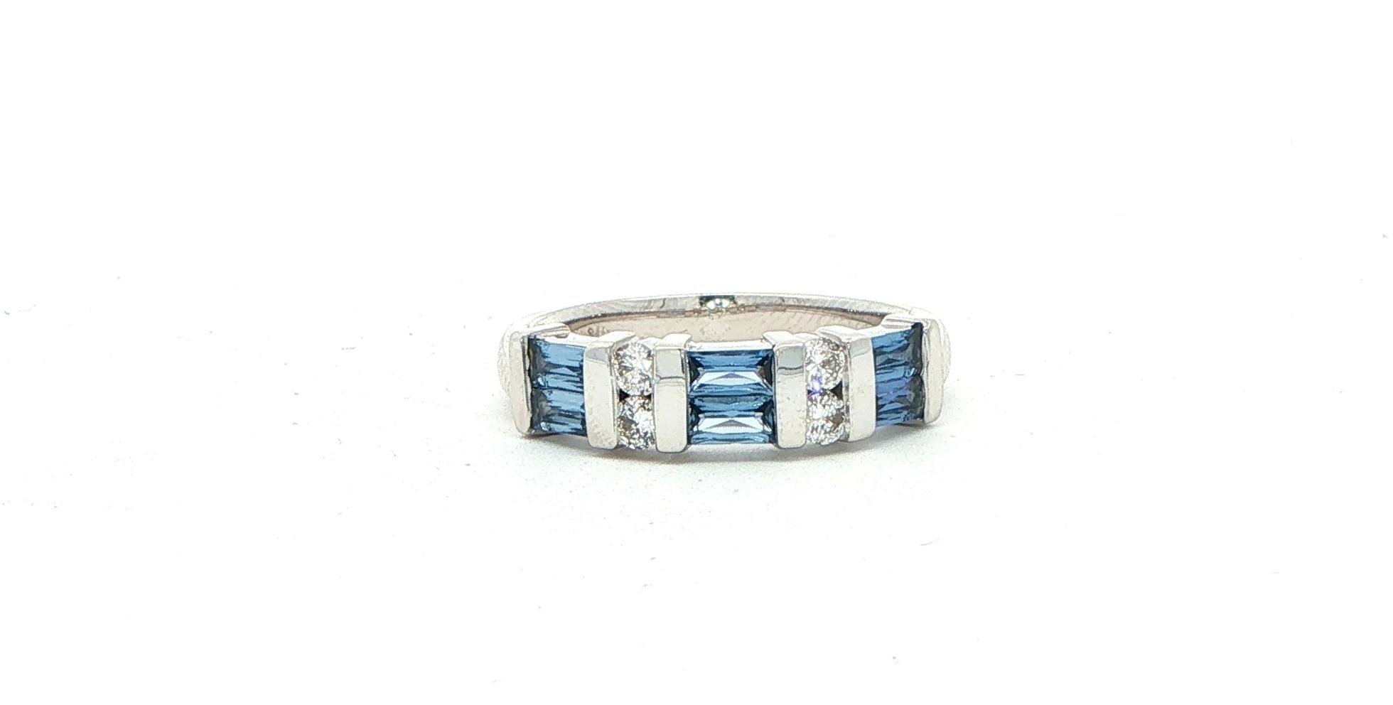 2-Row Bar-set Baguette Montana Yogo Sapphire and Round Diamond Ring in White Gold (0.92cts TWT)
