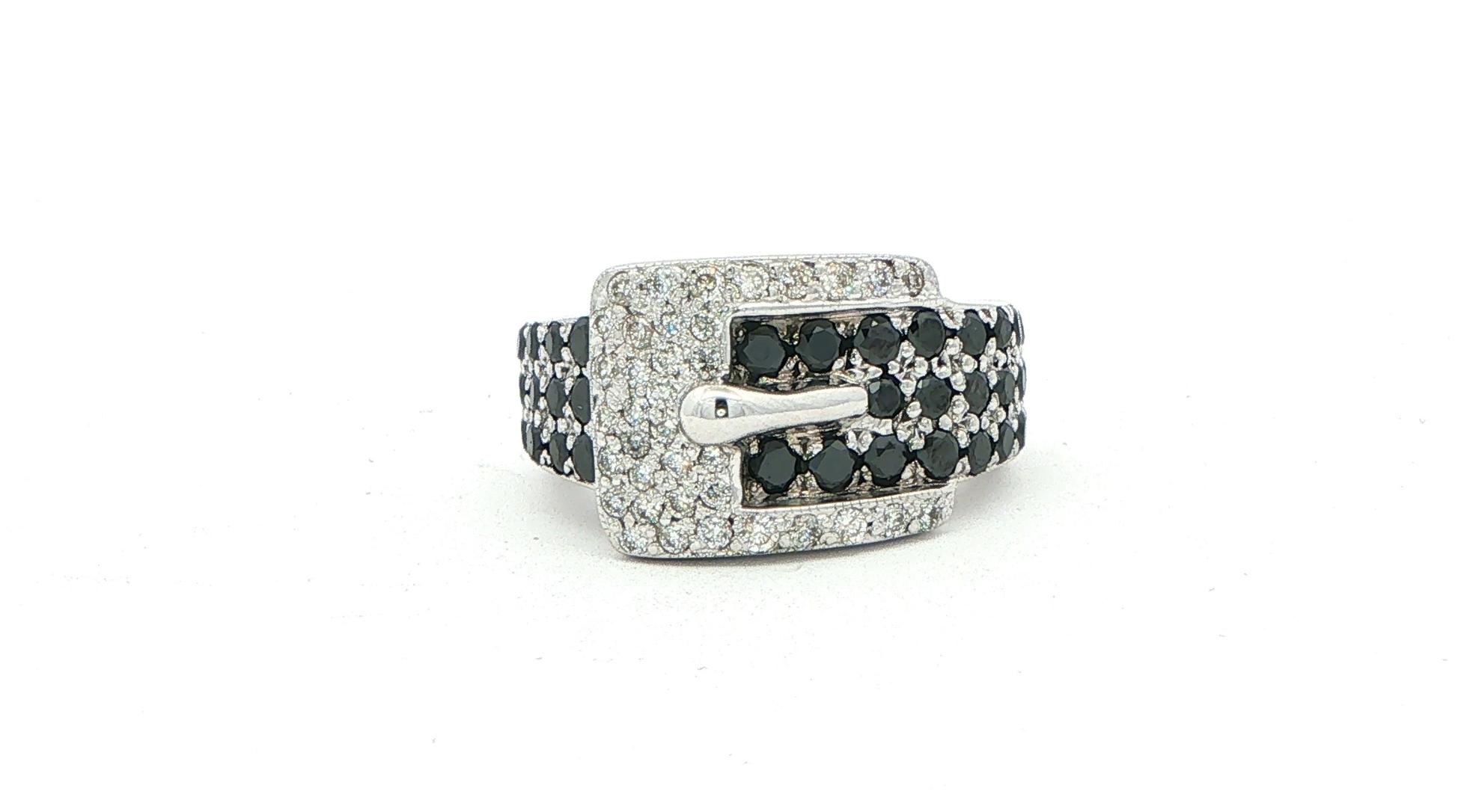 Estate Piece: Black and White Diamond Buckle Cocktail Ring in White Gold (1.50cts TWT)