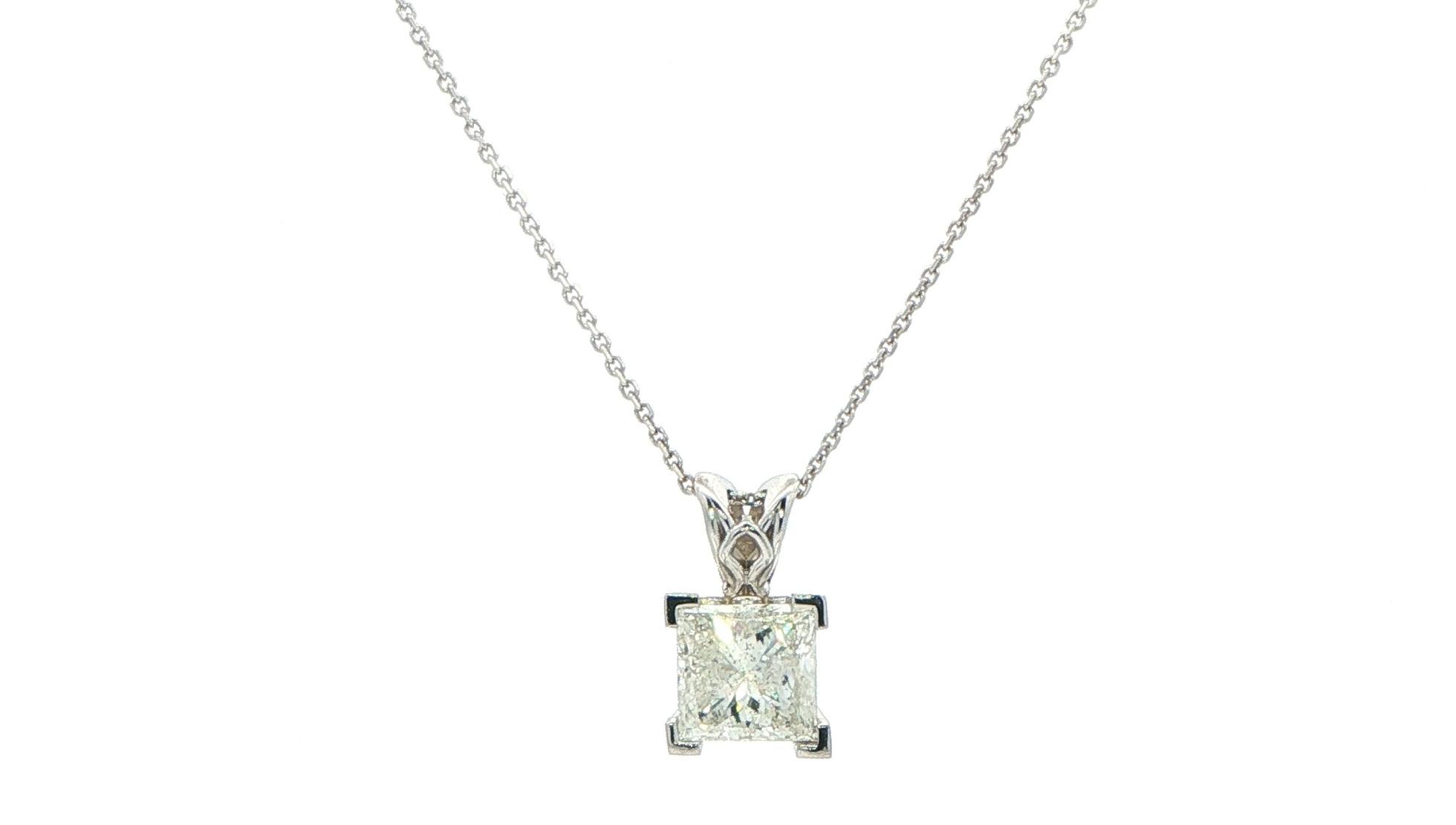 Princess Cut Diamond Solitaire Pendant in White Gold (1.47cts)