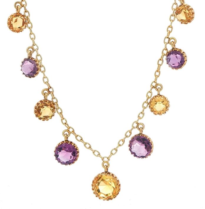 content/products/Estate Piece: Citrine and Amethyst Gemstone Dangle Station Necklace in Yellow Gold