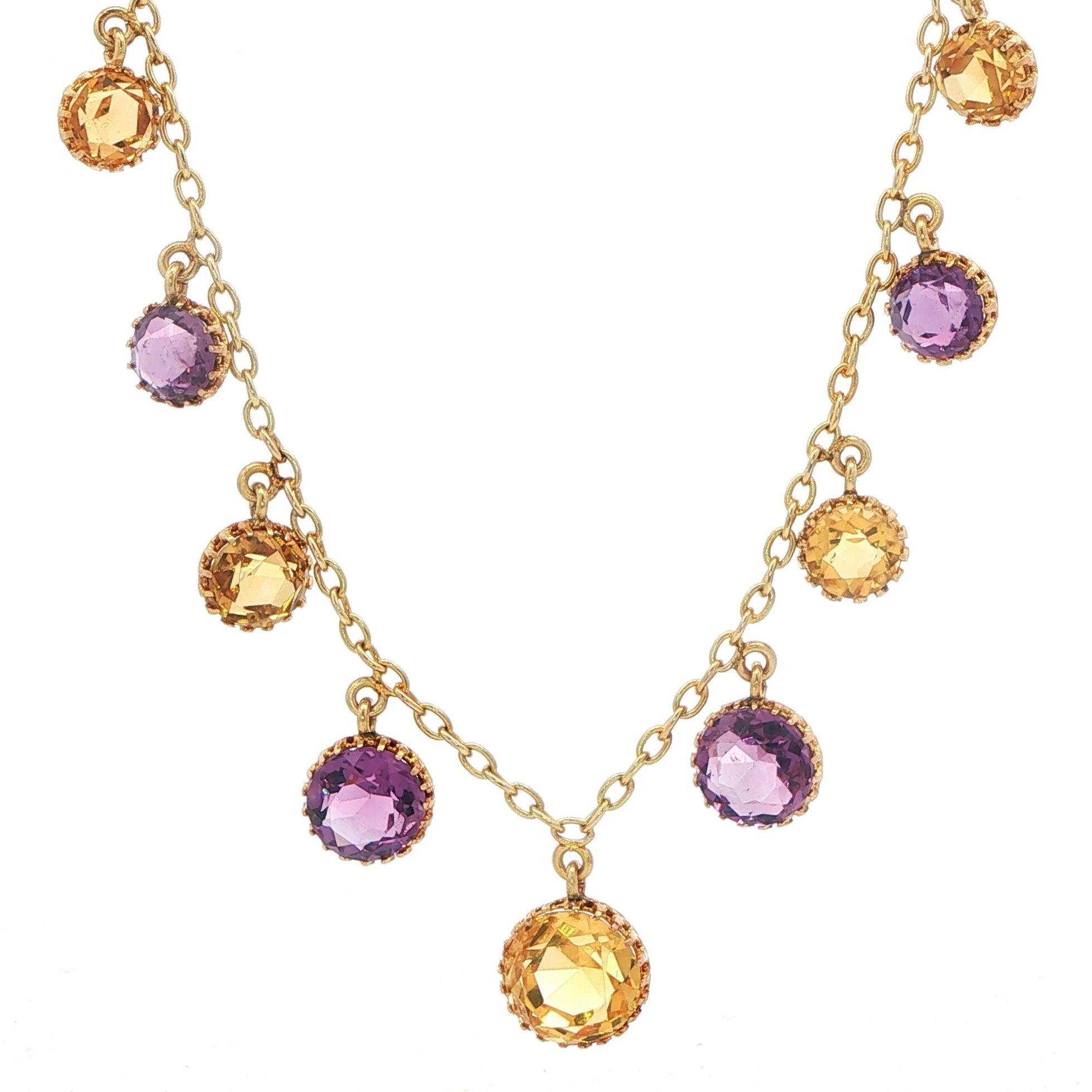Estate Piece: Citrine and Amethyst Gemstone Dangle Station Necklace in Yellow Gold