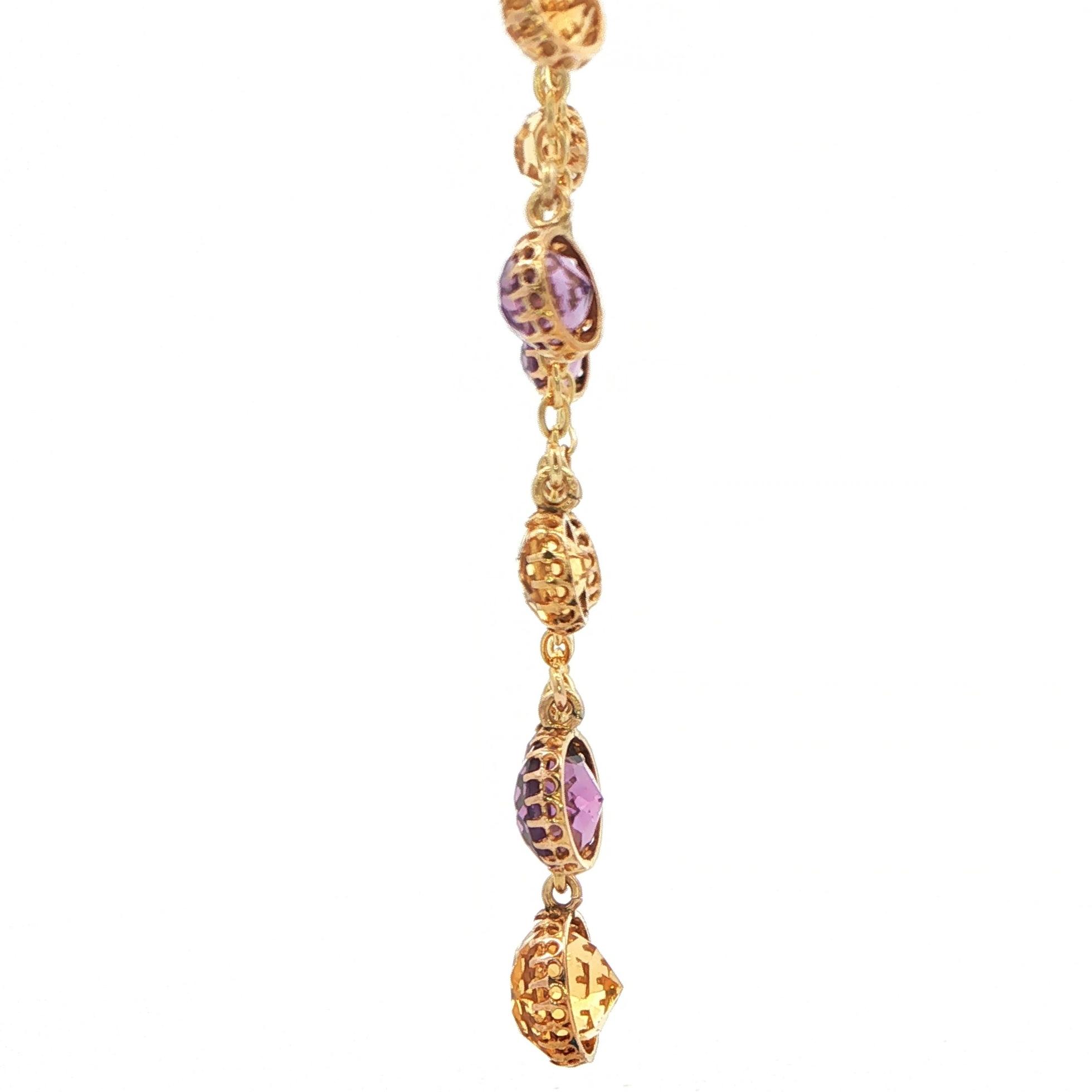 Estate Piece: Citrine and Amethyst Gemstone Dangle Station Necklace in Yellow Gold side