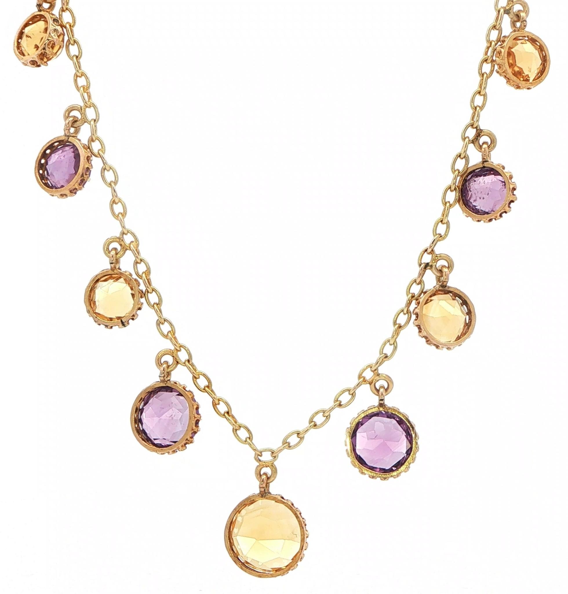 Estate Piece: Citrine and Amethyst Gemstone Dangle Station Necklace in Yellow Gold back