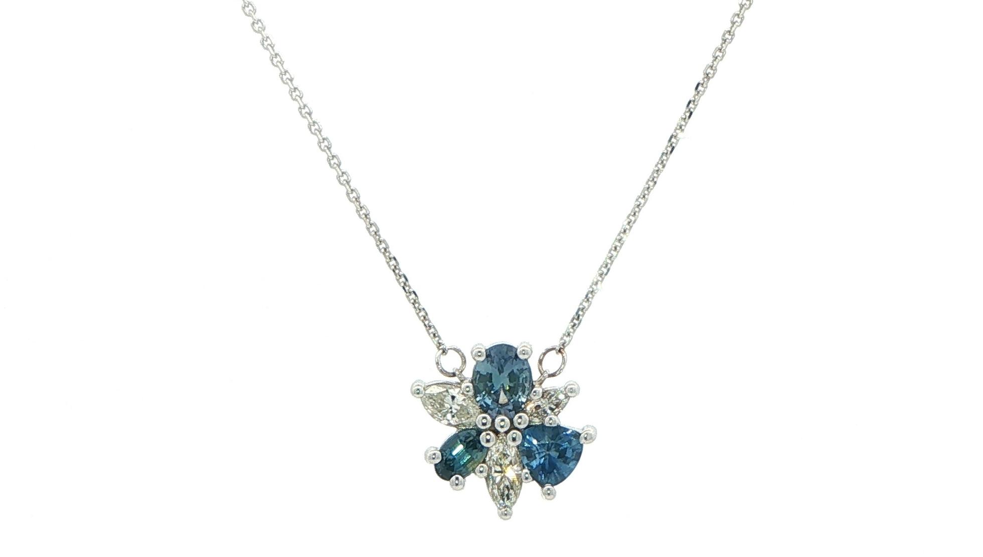 Deep Blue Montana Sapphire Floral Cluster Pendant in White Gold (1.04cts TWT)