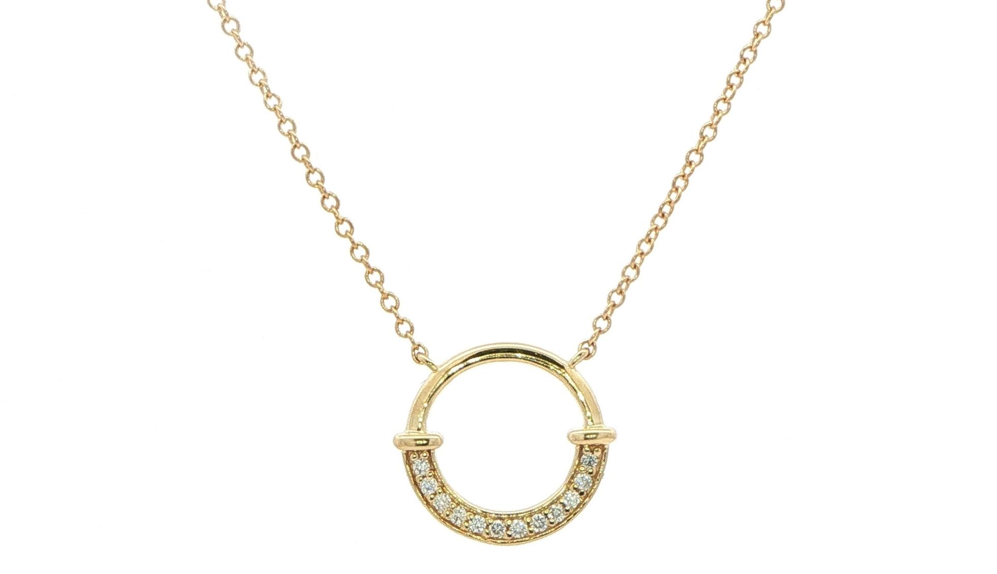 Half Diamond Open Circle Charm Necklace in Yellow Gold (0.06cts TWT)