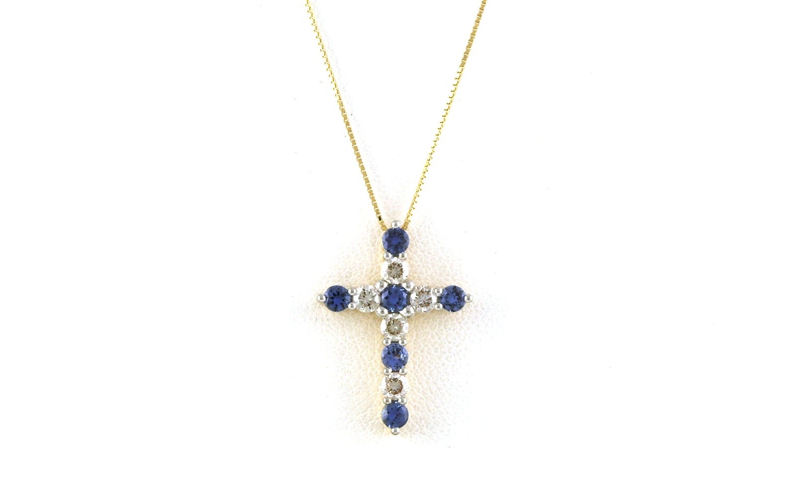 Alternating Montana Yogo Sapphire and Diamond Cross Necklace in Yellow Gold (1.125cts TWT)