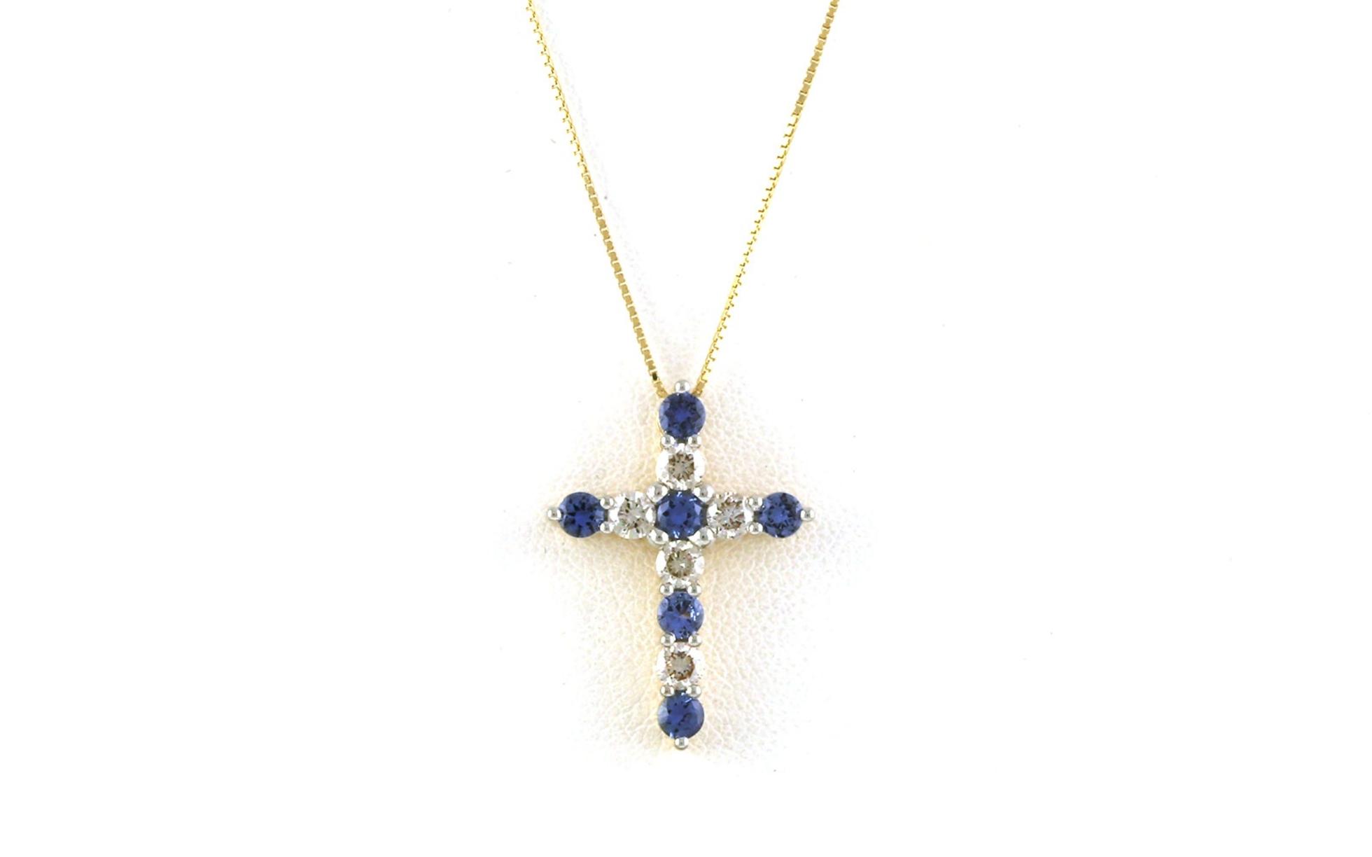 Alternating Montana Yogo Sapphire and Diamond Cross Necklace in Yellow Gold (1.125cts TWT)