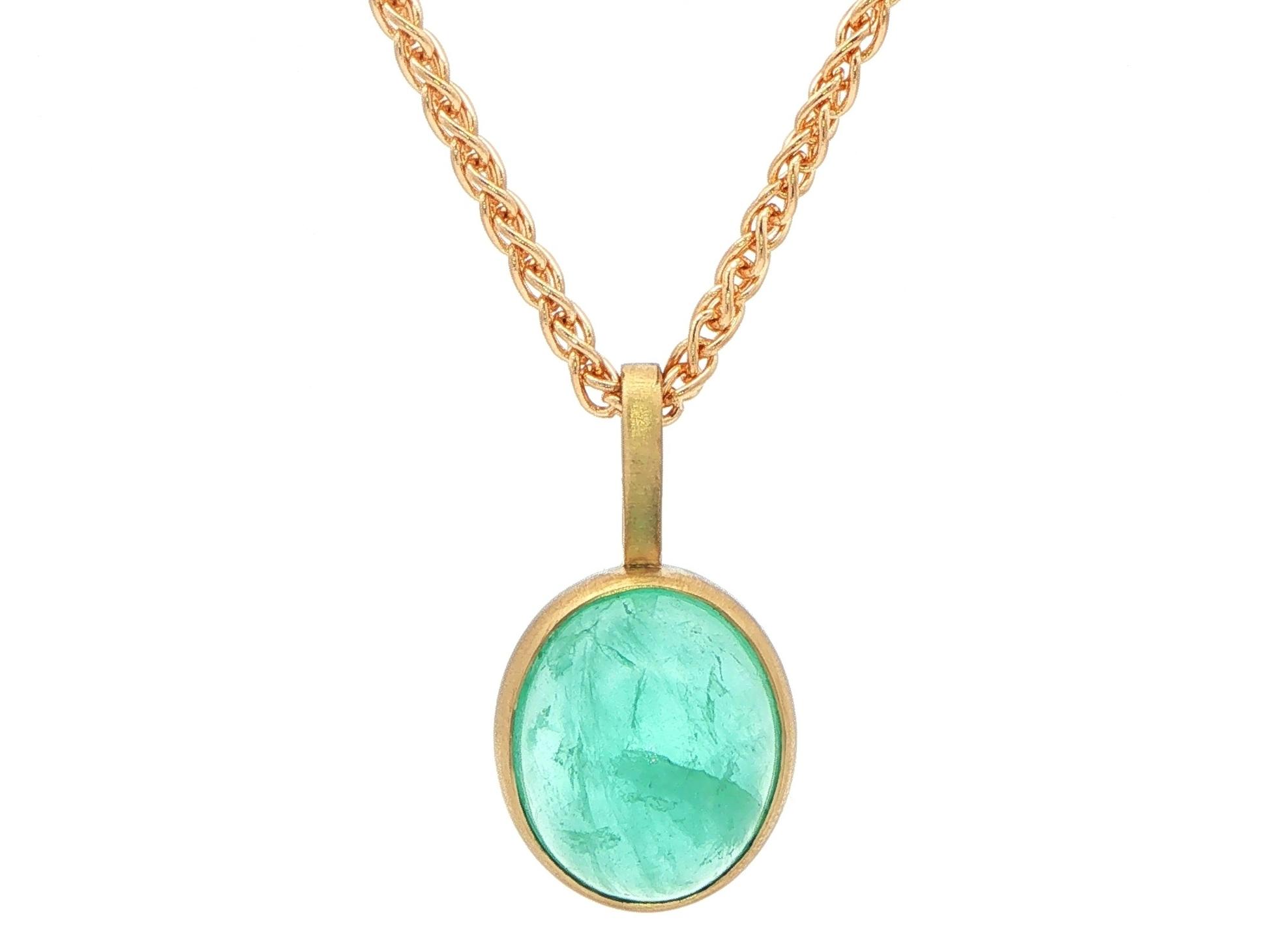 Cabochon Emerald Bezel Pendant Necklace with Satin Finish in Yellow Gold (17.67cts)