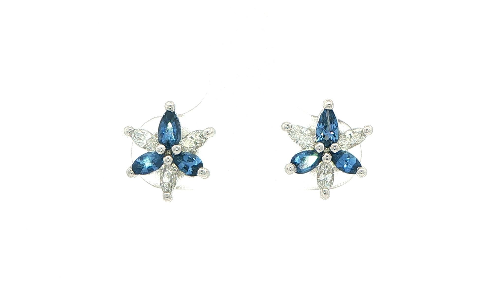 Montana Yogo Sapphire and Diamond Floral Cluster Stud Earrings in White Gold (0.90cts TWT)