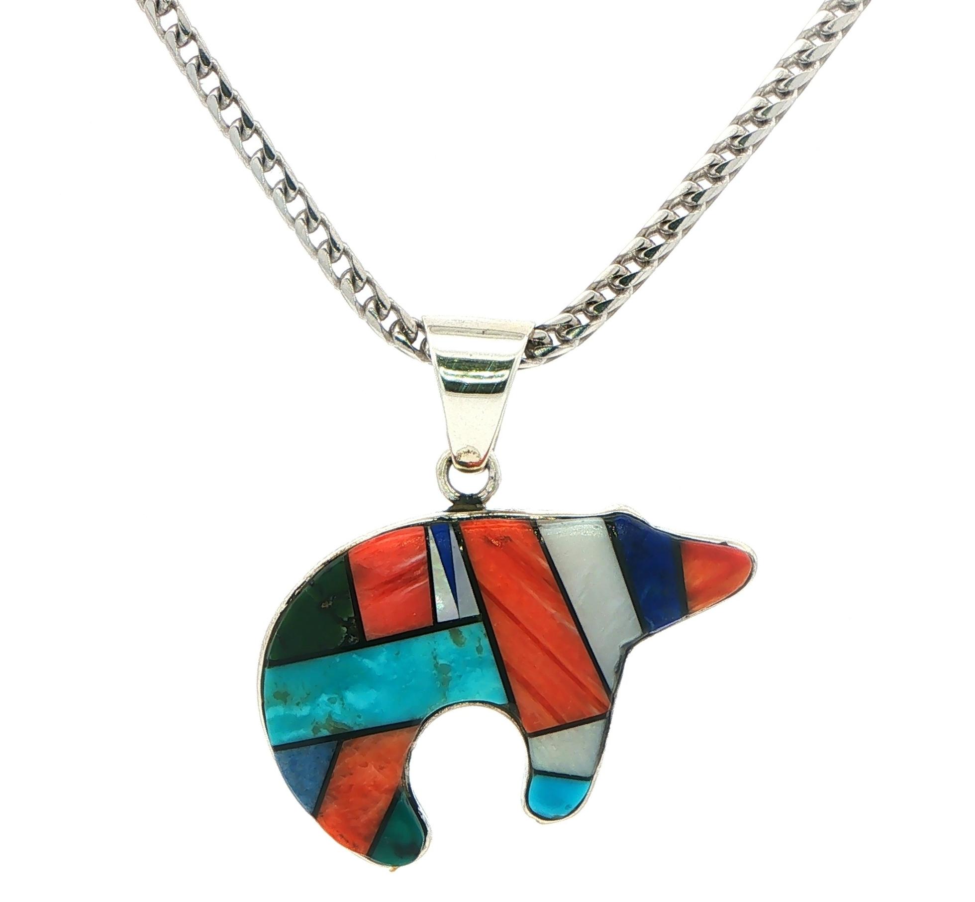 Estate Piece: Zuni Spirit Bear Various Stone Inlay Necklace in Sterling Silver