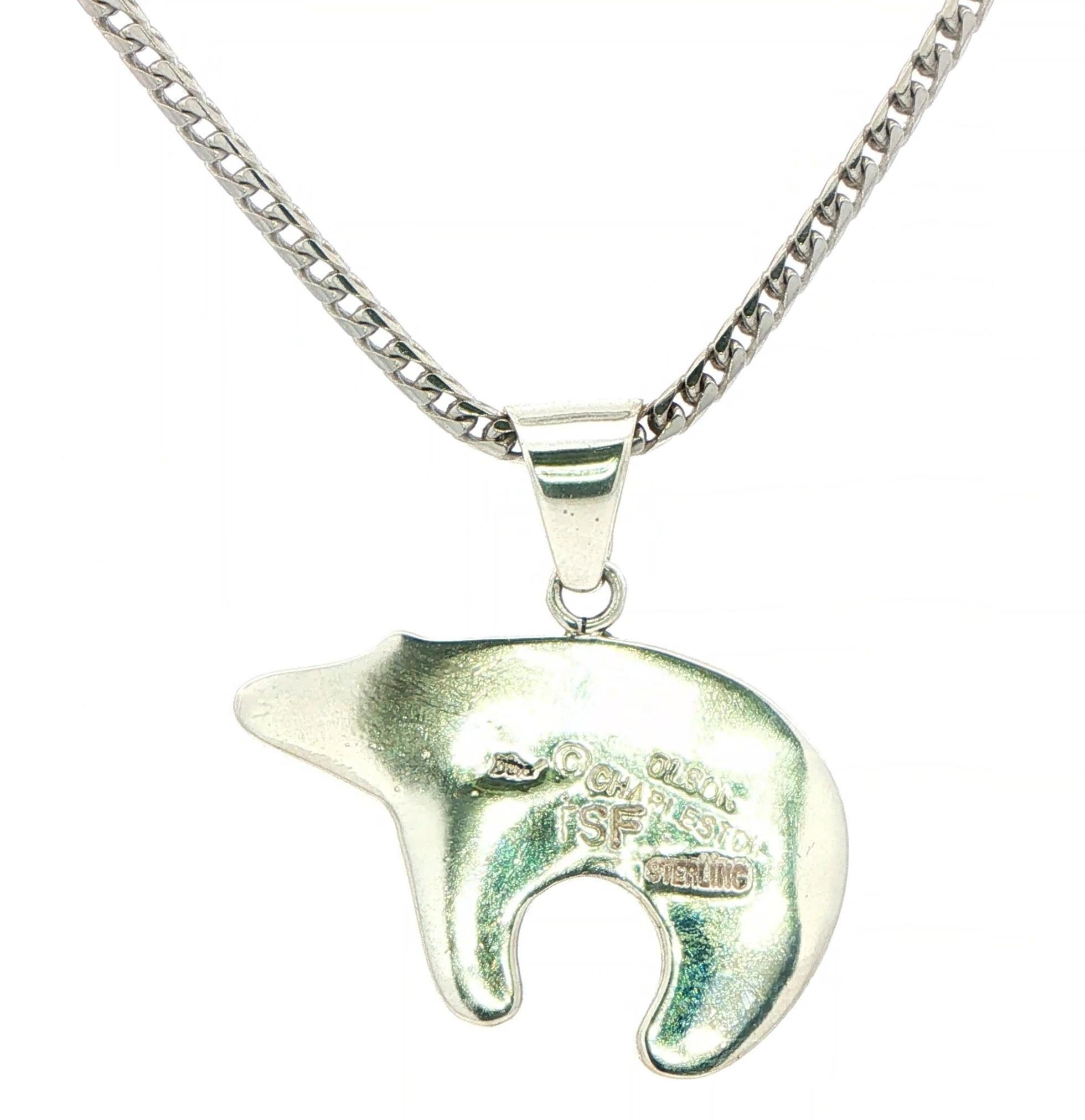 Estate Piece: Zuni Spirit Bear Various Stone Inlay Necklace in Sterling Silver back